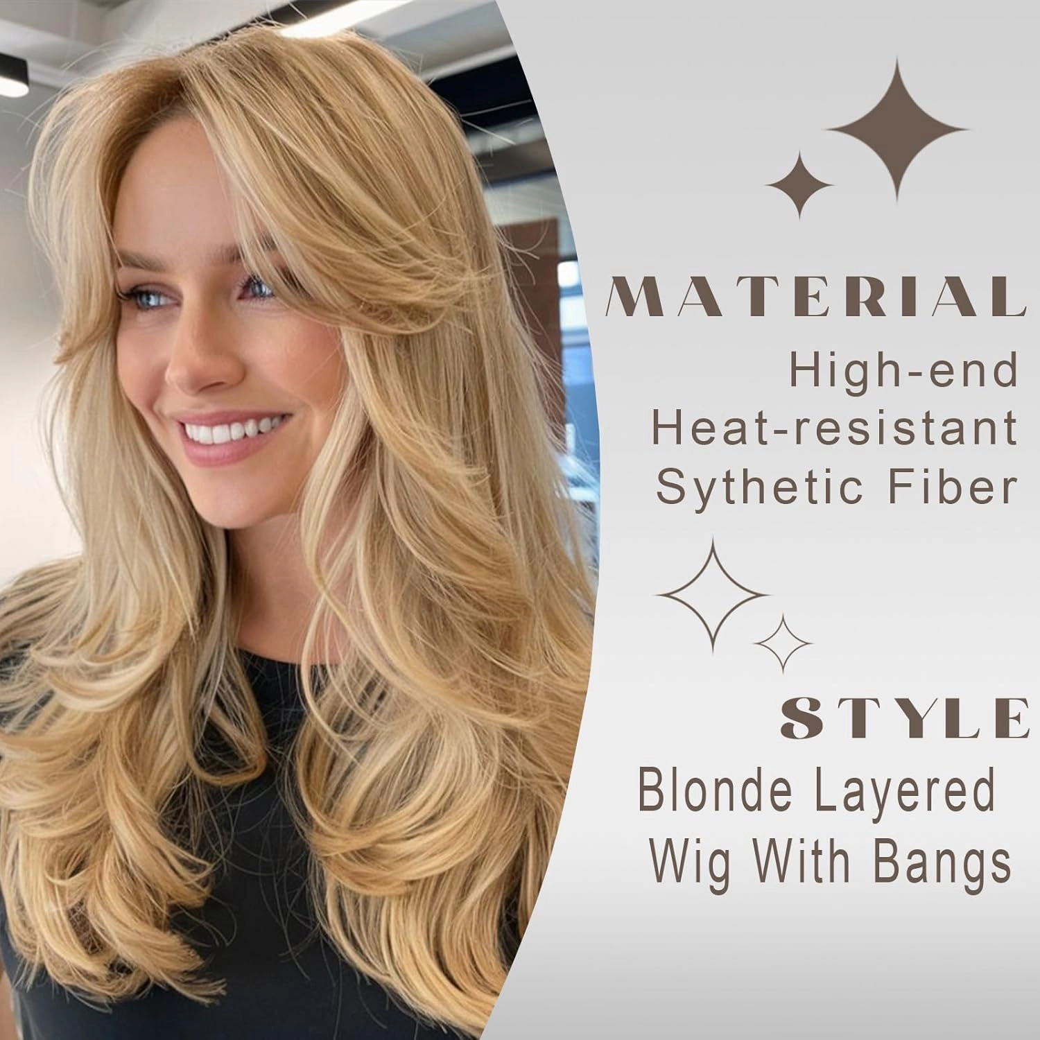 Golden Blonde Long Wavy Highlight Brown Layered Wig with Curtain Bangs for Black Women Synthetic Ombre Ash Brown Layered Wig Long Wavy Blonde Shaggy for Women 24inch (27H613)
