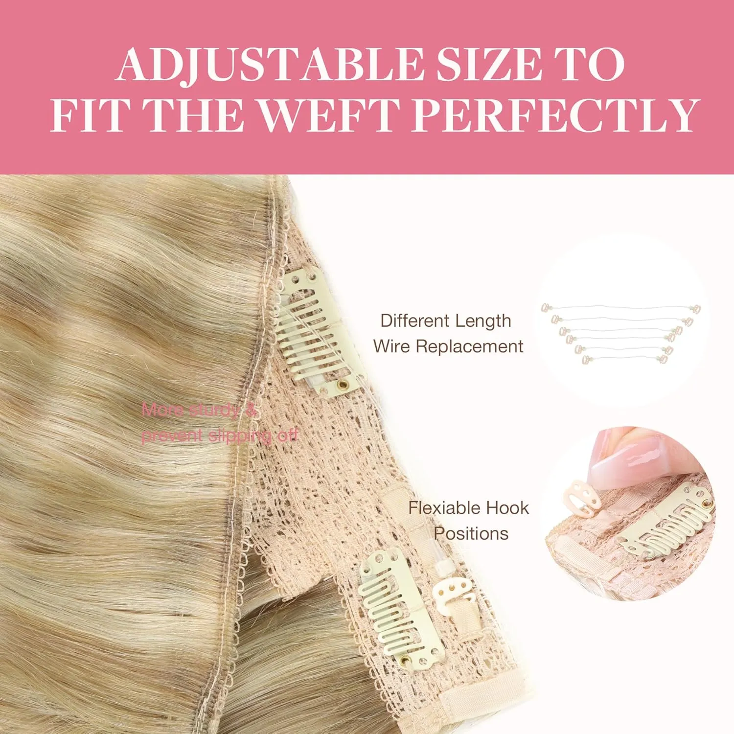GOO GOO Wire Hair Extensions Human Hair, 16/22 Light Blondewith mix Golden Blonde Highlighted 16inch 95g, Invisible Wire Hair Extensions with Transparent, Seamless Fish Line Hairpiece