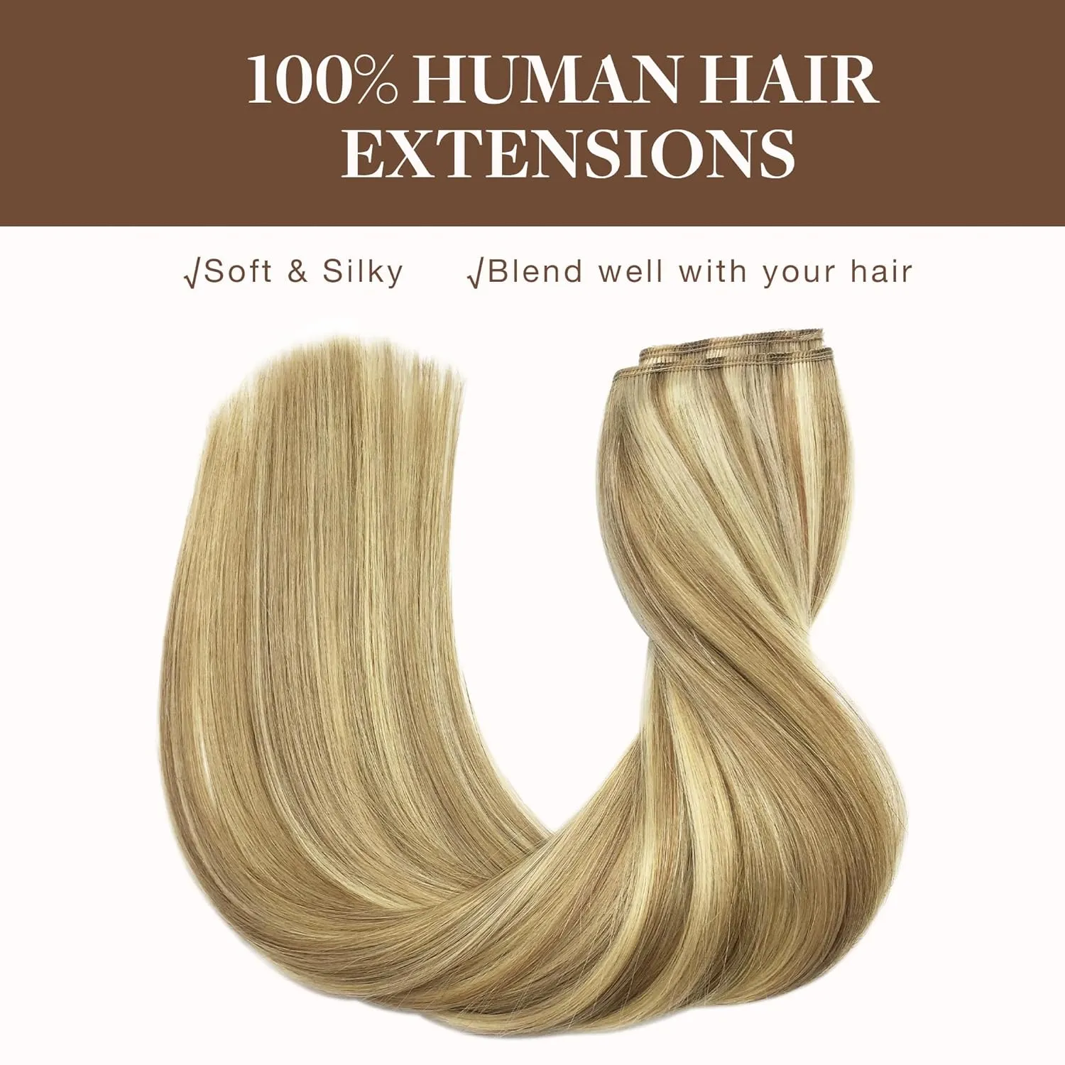 GOO GOO Wire Hair Extensions Human Hair, 16/22 Light Blondewith mix Golden Blonde Highlighted 16inch 95g, Invisible Wire Hair Extensions with Transparent, Seamless Fish Line Hairpiece