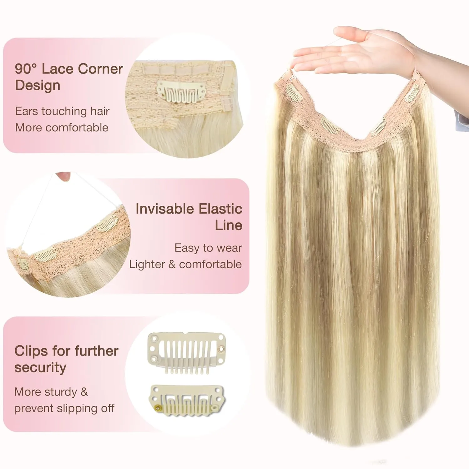 GOO GOO Wire Hair Extensions Human Hair, 16/22 Light Blondewith mix Golden Blonde Highlighted 16inch 95g, Invisible Wire Hair Extensions with Transparent, Seamless Fish Line Hairpiece