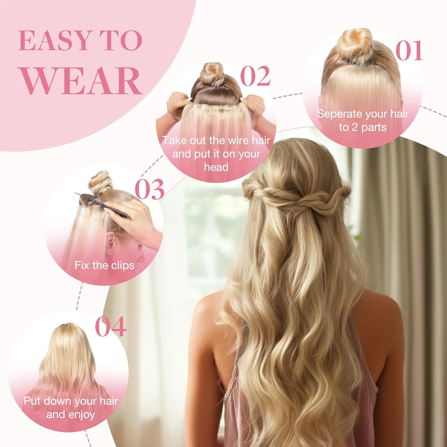 GOO GOO Wire Hair Extensions Human Hair, 16/22 Light Blondewith mix Golden Blonde Highlighted 16inch 95g, Invisible Wire Hair Extensions with Transparent, Seamless Fish Line Hairpiece
