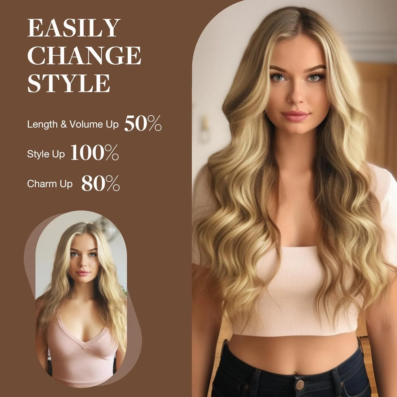 GOO GOO Wire Hair Extensions Human Hair, 16/22 Light Blondewith mix Golden Blonde Highlighted 16inch 95g, Invisible Wire Hair Extensions with Transparent, Seamless Fish Line Hairpiece