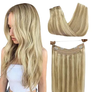 GOO GOO Wire Hair Extensions Human Hair, 16/22 Light Blondewith mix Golden Blonde Highlighted 16inch 95g, Invisible Wire Hair Extensions with Transparent, Seamless Fish Line Hairpiece