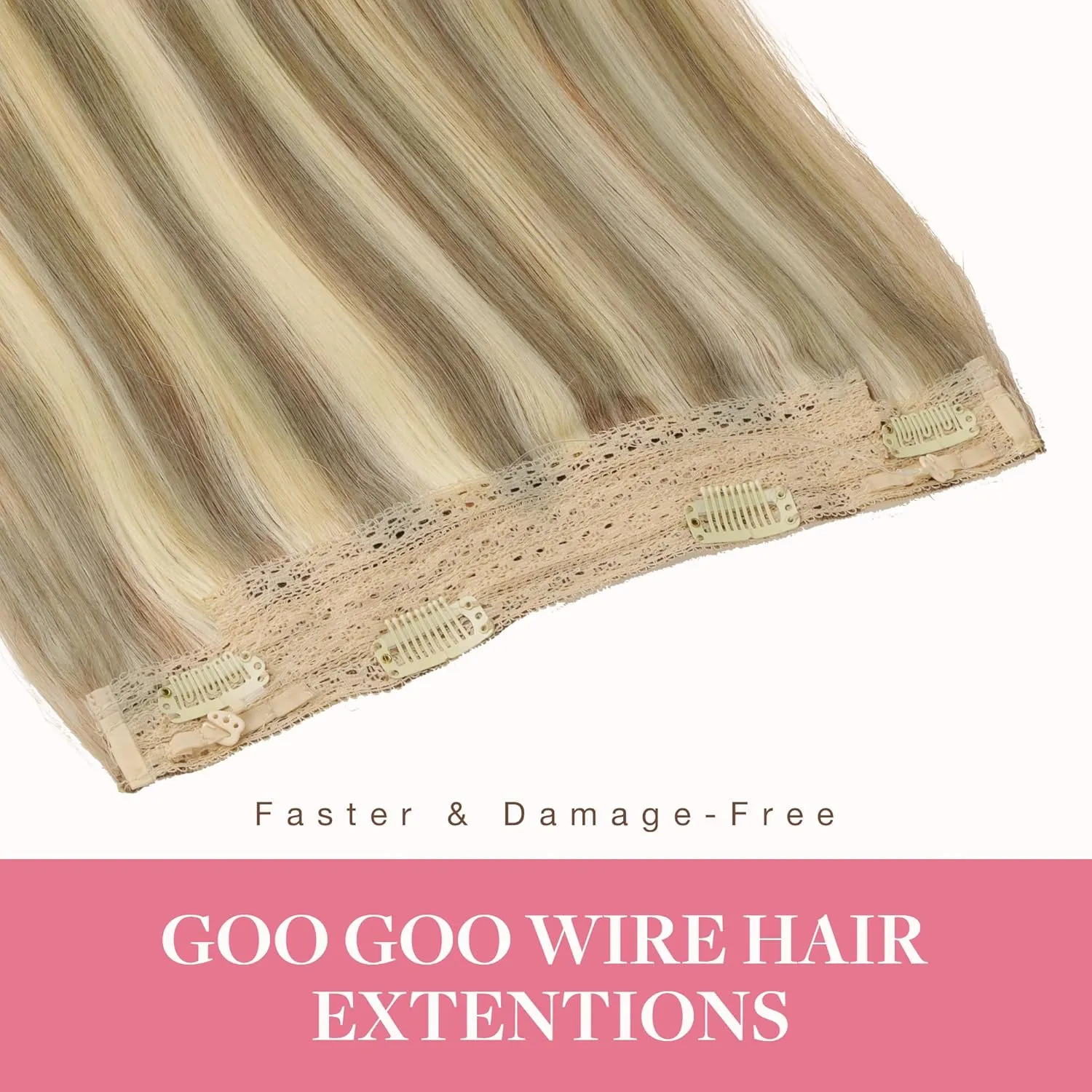GOO GOO Wire Hair Extensions Human Hair, 16/22 Light Blondewith mix Golden Blonde Highlighted 16inch 95g, Invisible Wire Hair Extensions with Transparent, Seamless Fish Line Hairpiece