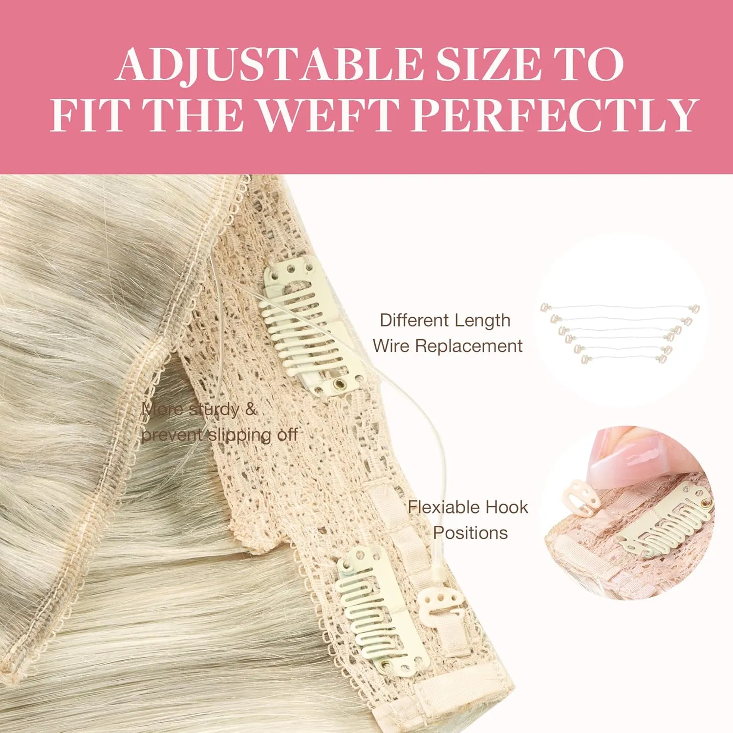 GOO GOO Wire Hair Extensions Human Hair, 17A/60A Ash Blonde mix Platinum Blonde Highlighted 16inch 95g, Invisible Wire Hair Extensions with Transparent, Seamless Fish Line Hairpiece