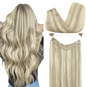 GOO GOO Wire Hair Extensions Human Hair, 17A/60A Ash Blonde mix Platinum Blonde Highlighted 16inch 95g, Invisible Wire Hair Extensions with Transparent, Seamless Fish Line Hairpiece