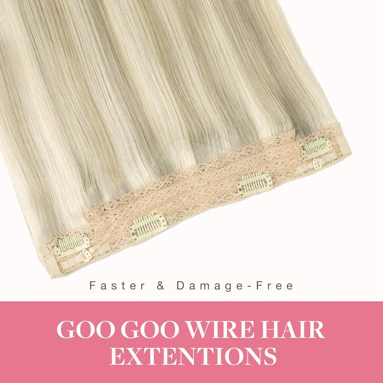 GOO GOO Wire Hair Extensions Human Hair, 17A/60A Ash Blonde mix Platinum Blonde Highlighted 16inch 95g, Invisible Wire Hair Extensions with Transparent, Seamless Fish Line Hairpiece