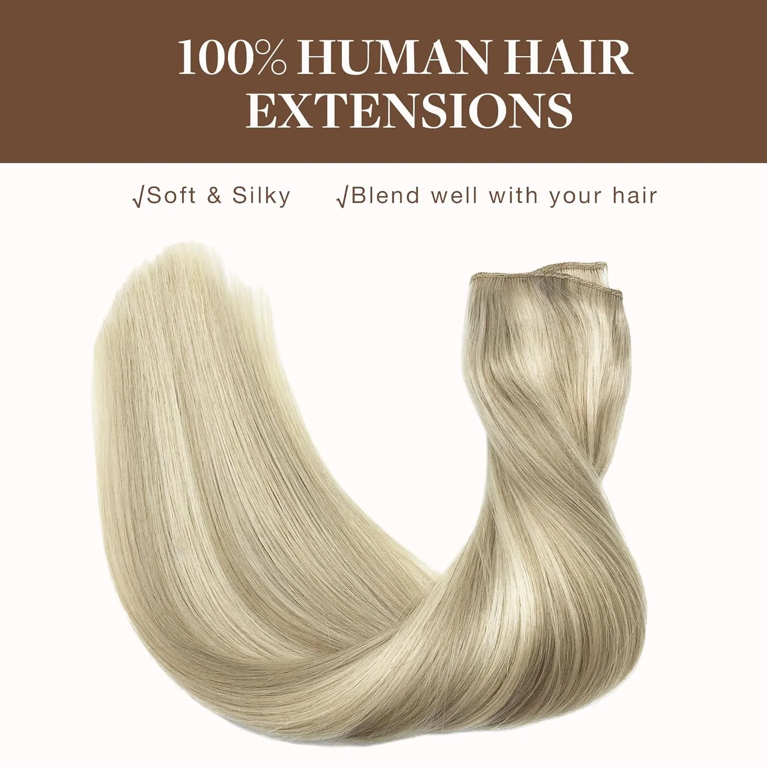 GOO GOO Wire Hair Extensions Human Hair, 17A/60A Ash Blonde mix Platinum Blonde Highlighted 16inch 95g, Invisible Wire Hair Extensions with Transparent, Seamless Fish Line Hairpiece