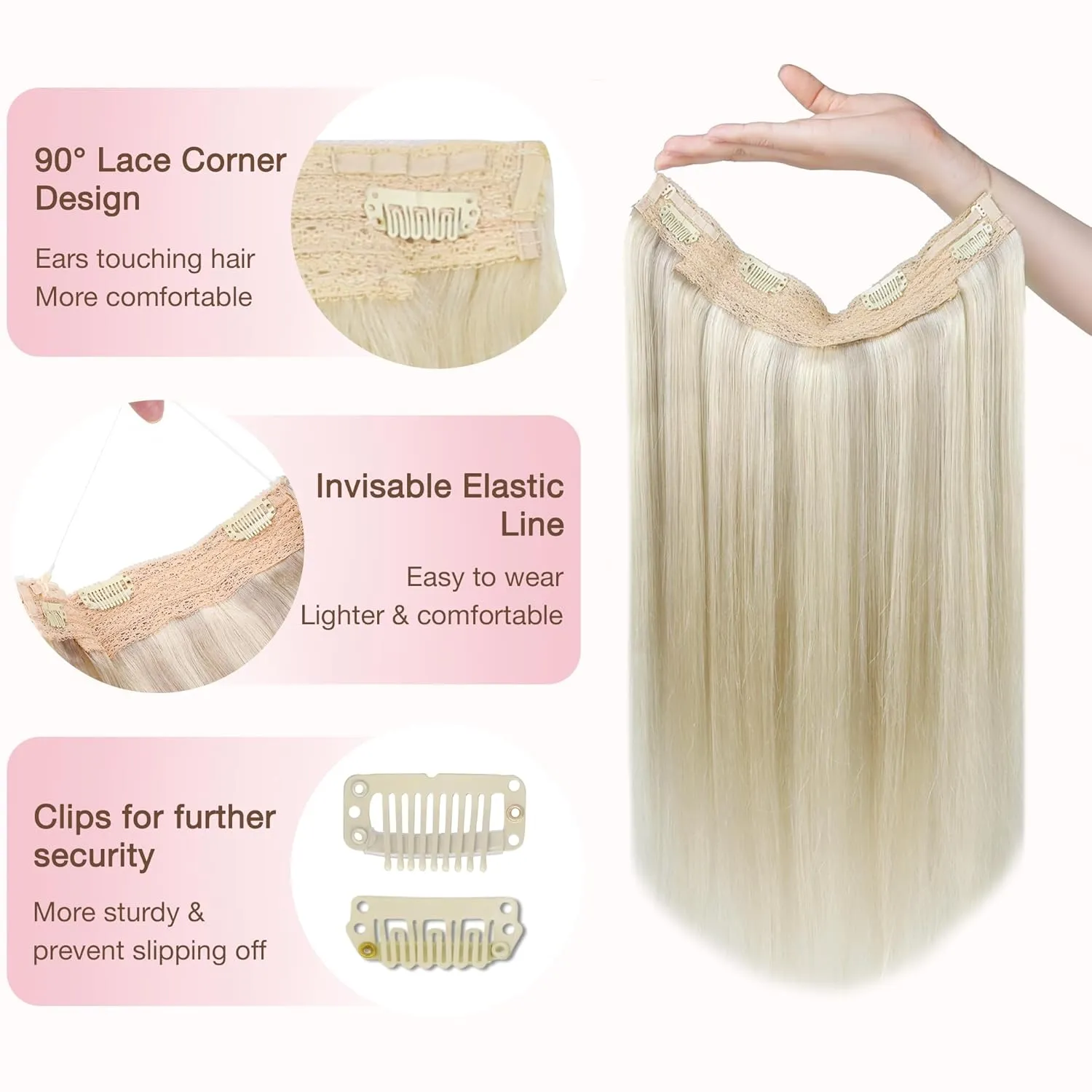 GOO GOO Wire Hair Extensions Human Hair, 17A/60A Ash Blonde mix Platinum Blonde Highlighted 16inch 95g, Invisible Wire Hair Extensions with Transparent, Seamless Fish Line Hairpiece
