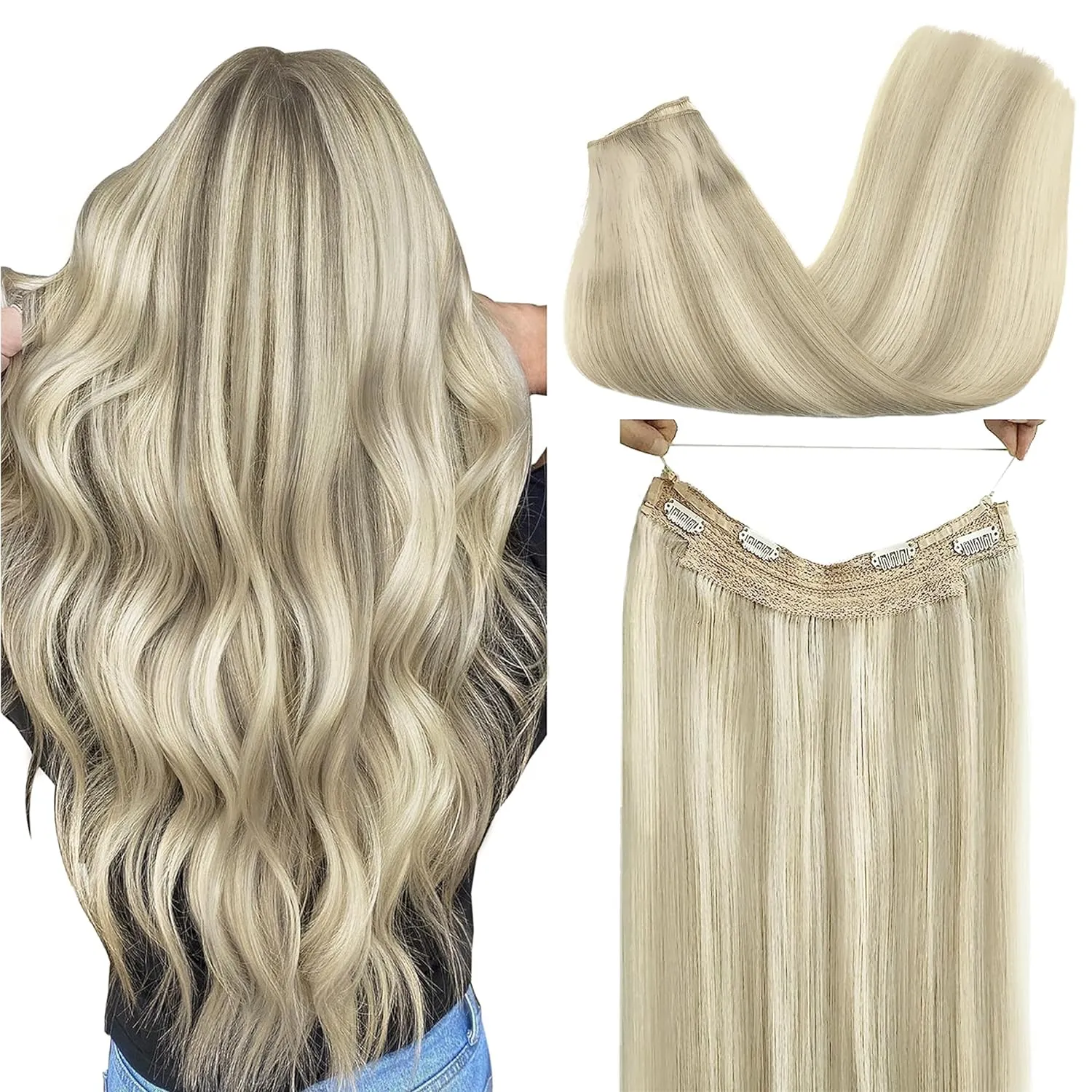 GOO GOO Wire Hair Extensions Human Hair, 17A/60A Ash Blonde mix Platinum Blonde Highlighted 16inch 95g, Invisible Wire Hair Extensions with Transparent, Seamless Fish Line Hairpiece