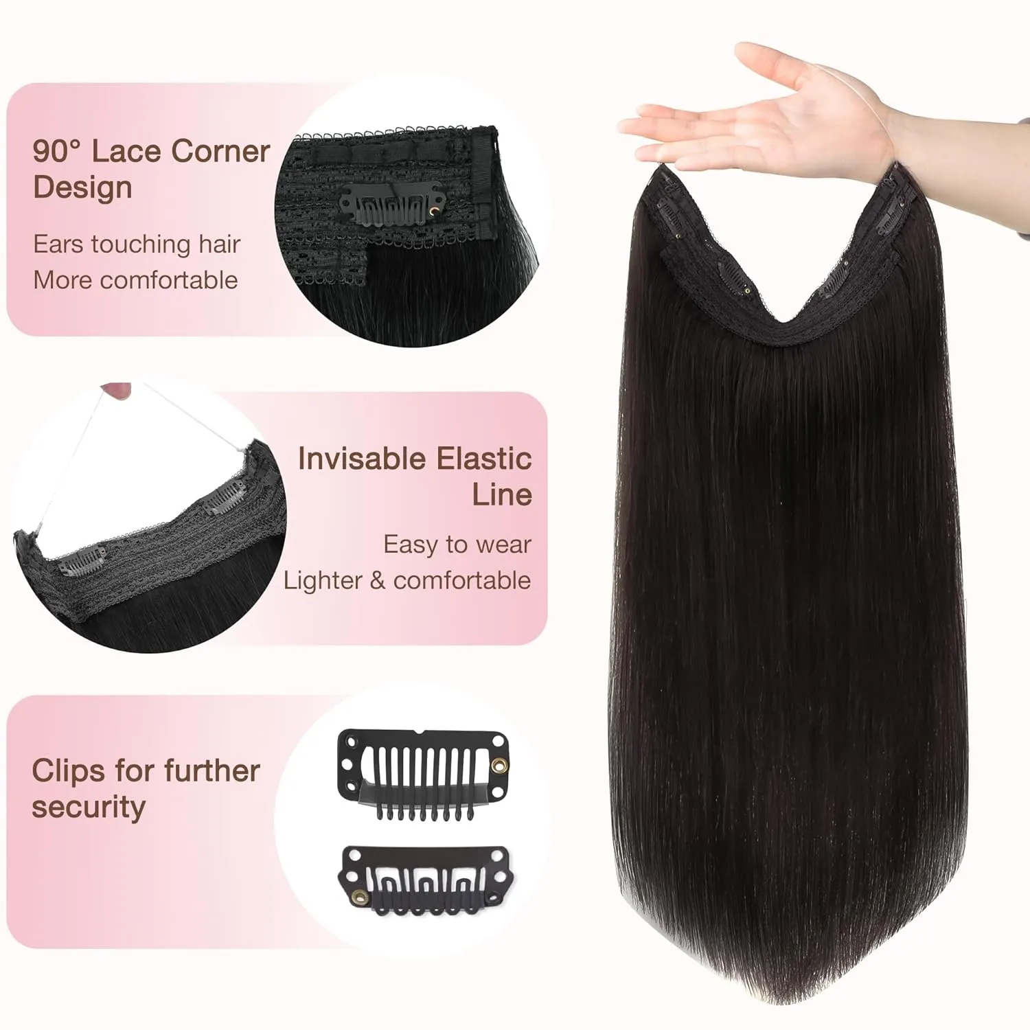 GOO GOO Wire Hair Extensions Human Hair, 1B Natural black Natural 16inch 95g, Invisible Wire Hair Extensions with Transparent, Seamless Fish Line Hairpiece