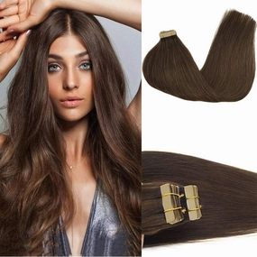 GOO GOO Tape in Hair Extensions Human Hair, 4A Chocolate Brown, 20inch 50g 20pcs, Skin Weft Seamless Invisible, Silky Straight with Thick Ends, Remy Human Hair