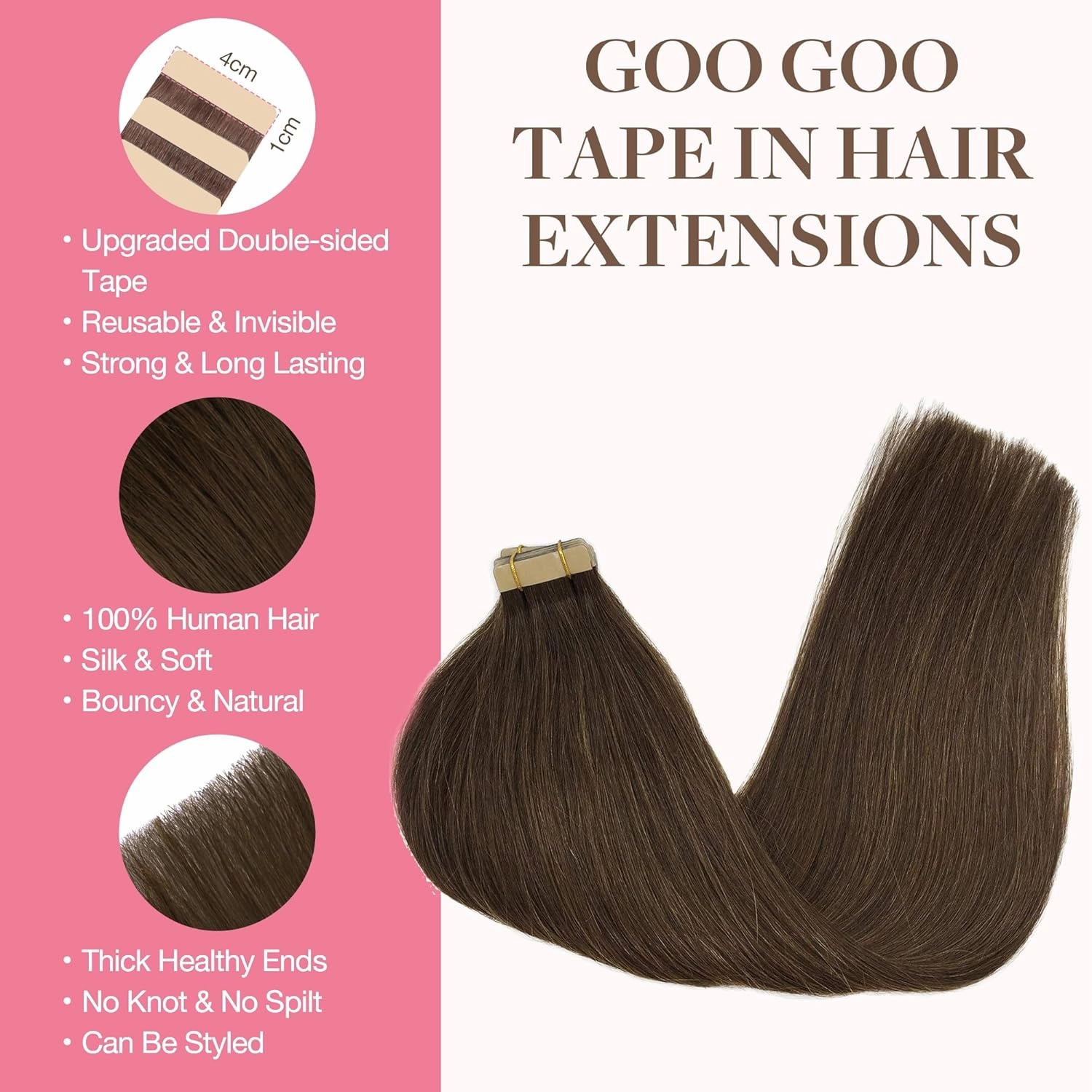 GOO GOO Tape in Hair Extensions Human Hair, 4A Chocolate Brown, 20inch 50g 20pcs, Skin Weft Seamless Invisible, Silky Straight with Thick Ends, Remy Human Hair