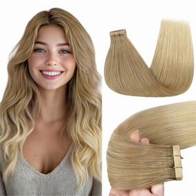 GOO GOO Tape in Hair Extensions Human Hair, O18G/22G(L) Golden Beige Blonde with Ash Highlights, 26inch 60g 20pcs, Skin Weft Seamless Invisible, Silky Straight with Thick Ends, Remy Human Hair