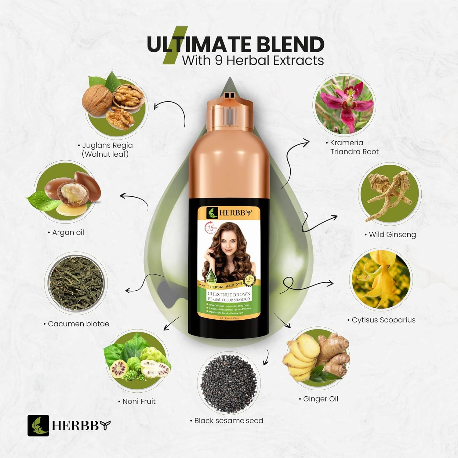 Gray Hair Coverage Shampoo & Conditioner - Color Transform with 9 Herbal Extracts, Long-Lasting (6-8 Weeks), Shiny, Even Coloring, Instant Hair Dye, 500 ml (CHESTNUT BROWN)