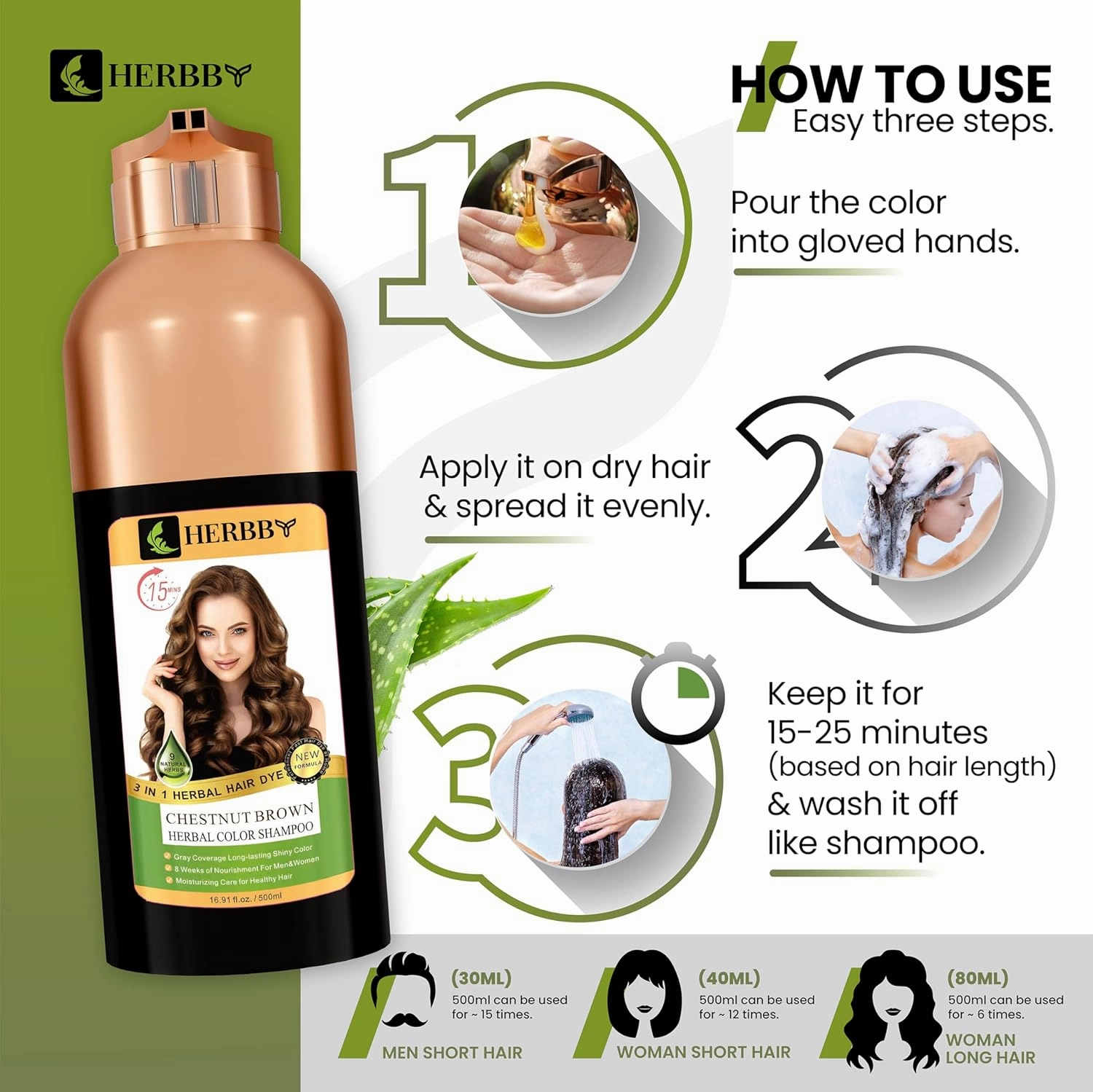 Gray Hair Coverage Shampoo & Conditioner - Color Transform with 9 Herbal Extracts, Long-Lasting (6-8 Weeks), Shiny, Even Coloring, Instant Hair Dye, 500 ml (CHESTNUT BROWN)