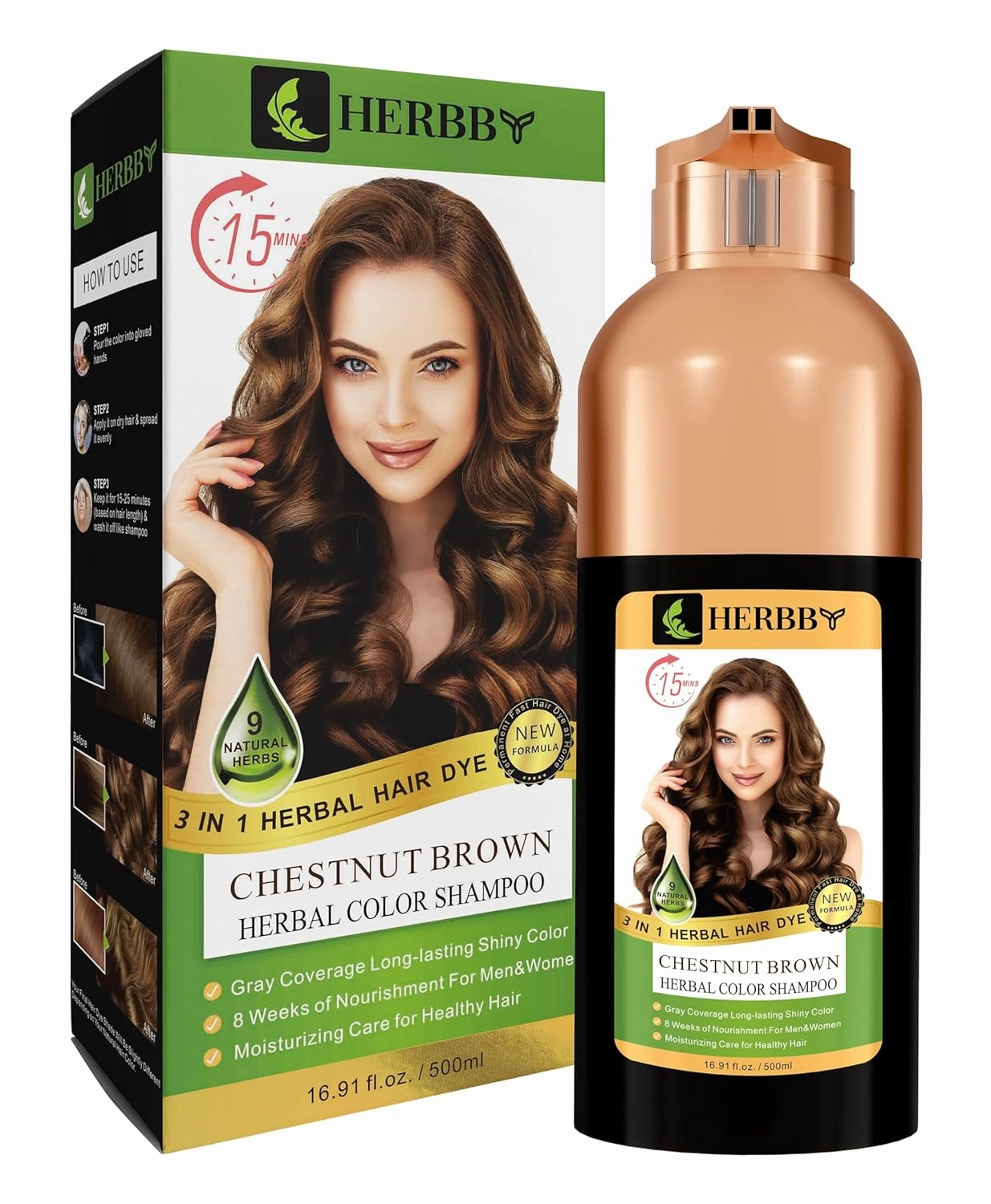 Gray Hair Coverage Shampoo & Conditioner - Color Transform with 9 Herbal Extracts, Long-Lasting (6-8 Weeks), Shiny, Even Coloring, Instant Hair Dye, 500 ml (CHESTNUT BROWN)