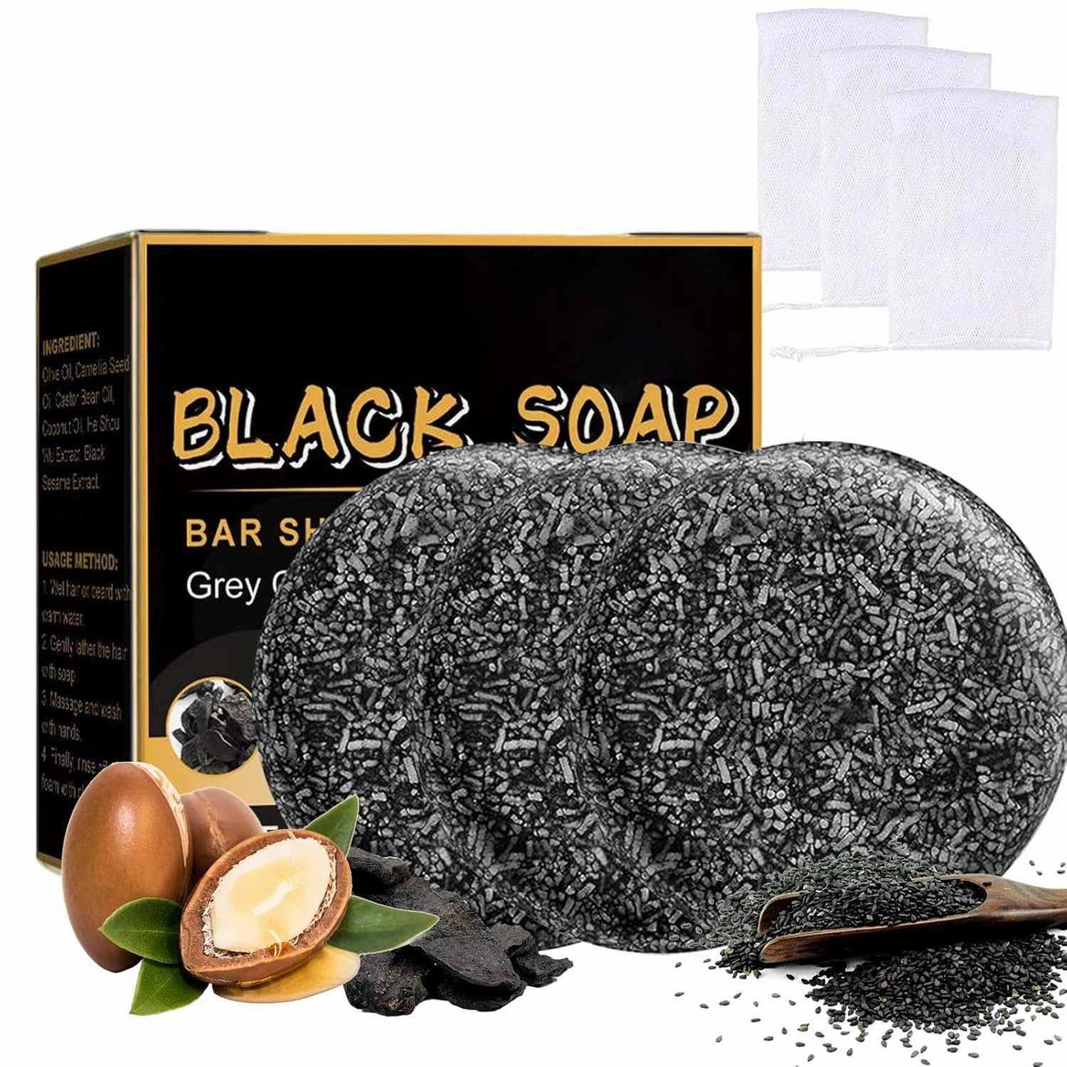 Gray Hair Reverse Bar, Mane Grey Hair Reverse Bar Shampoo, Natural Black Hair Soap for Men & Women Hair Hydrating & Moisturizing, Darkening Soap for Gray Hair Beard(3Pcs) ﻿