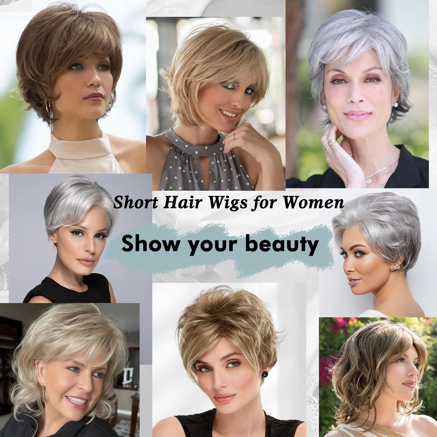 Grey Short Hair Wigs for White Women Silver Grey Short Curly Pixie Cut Wigs with Bangs Charming Synthetic Glueless Layered Wavy Wigs For Old Lady (Silver Gray)