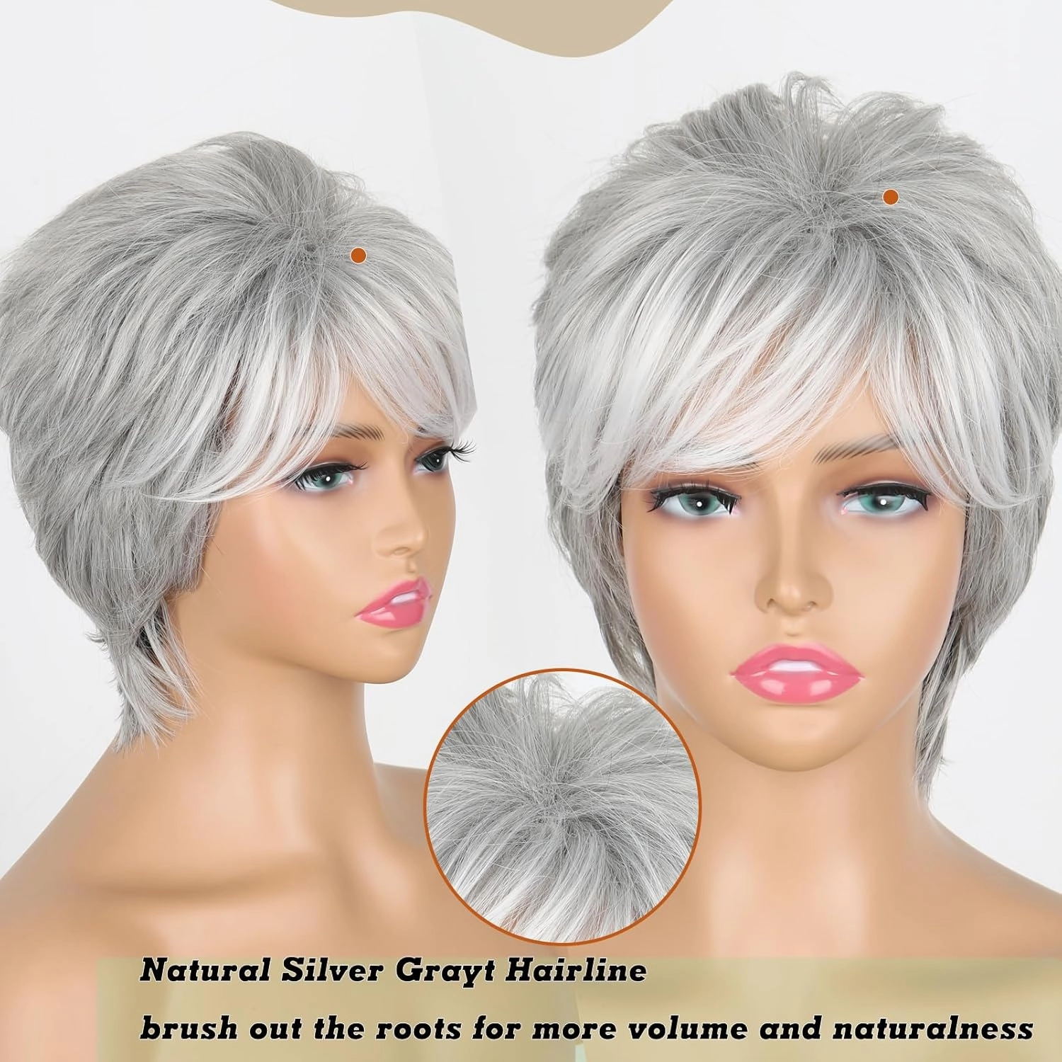 Grey Short Hair Wigs for White Women Silver Grey Short Curly Pixie Cut Wigs with Bangs Charming Synthetic Glueless Layered Wavy Wigs For Old Lady (Silver Gray)