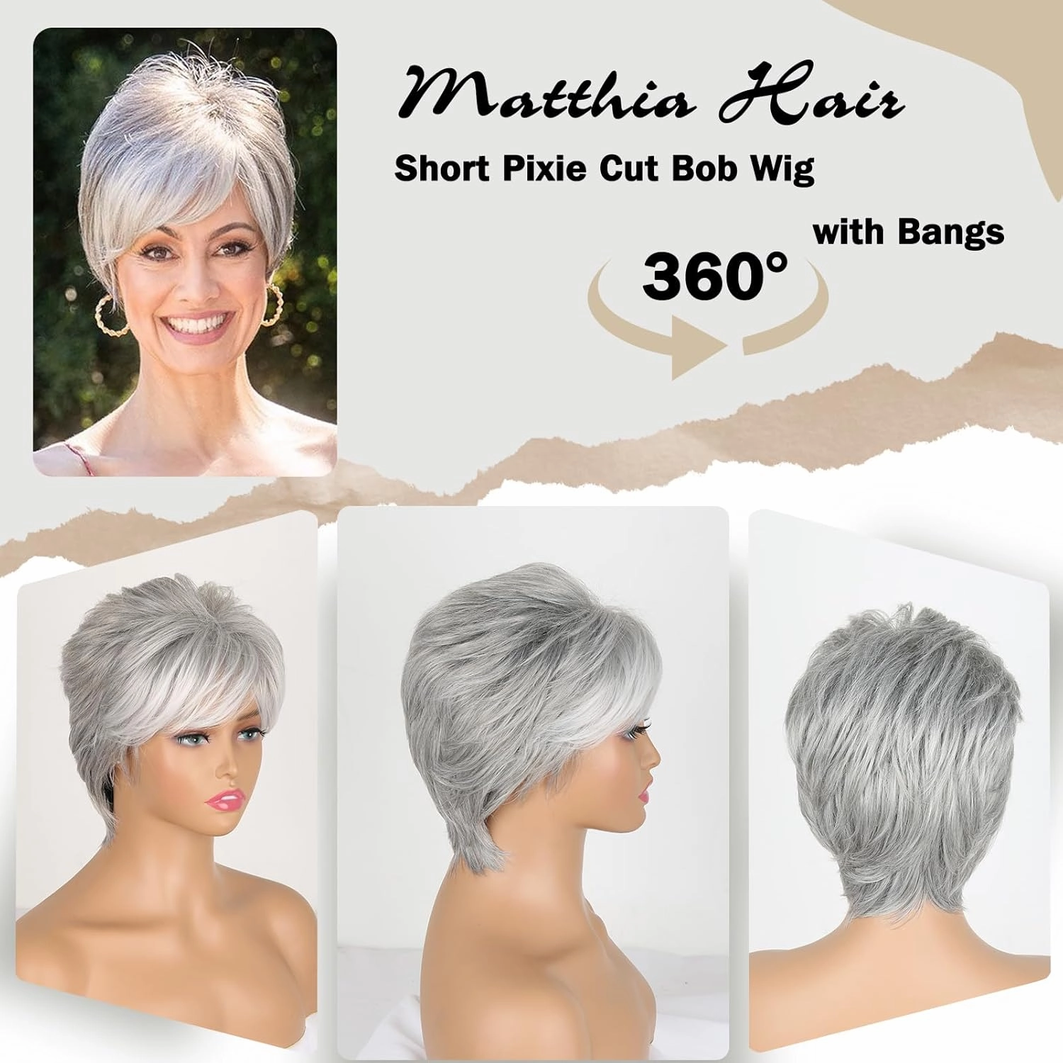 Grey Short Hair Wigs for White Women Silver Grey Short Curly Pixie Cut Wigs with Bangs Charming Synthetic Glueless Layered Wavy Wigs For Old Lady (Silver Gray)