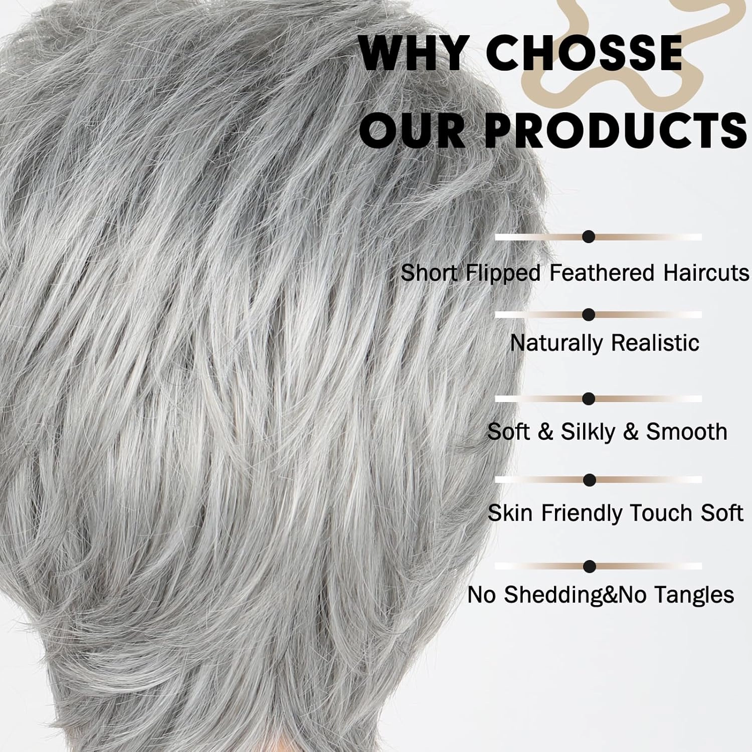 Grey Short Hair Wigs for White Women Silver Grey Short Curly Pixie Cut Wigs with Bangs Charming Synthetic Glueless Layered Wavy Wigs For Old Lady (Silver Gray)