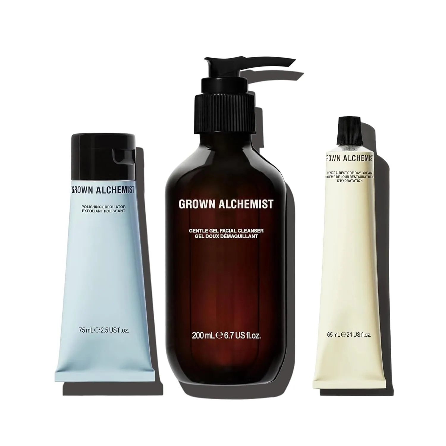 Grown Alchemist Ultimate Skincare Set for Men Bundle. Gentle Gel Cleanser (200ml)  Polishing Exfoliating Cleanser (75ml)  Hydra-Retore Day Cream (65ml)