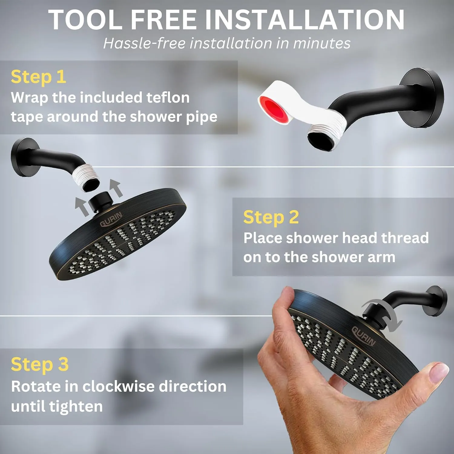GURIN Shower Head High Pressure Rain, Luxury Bathroom Showerhead with Adjustable Angles, Anti-Clogging Silicone Nozzles - Oil Rubbed Bronze, 6 Inch Round