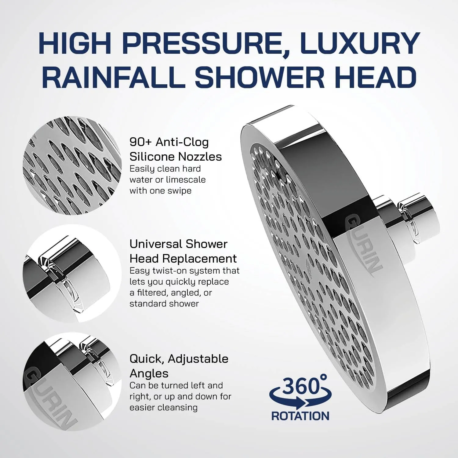 GURIN Shower Head High Pressure Rain, Luxury Bathroom Showerhead with Chrome Plated Finish, Adjustable Angles, Anti-Clogging Silicone Nozzles (California 1.8 GPM)