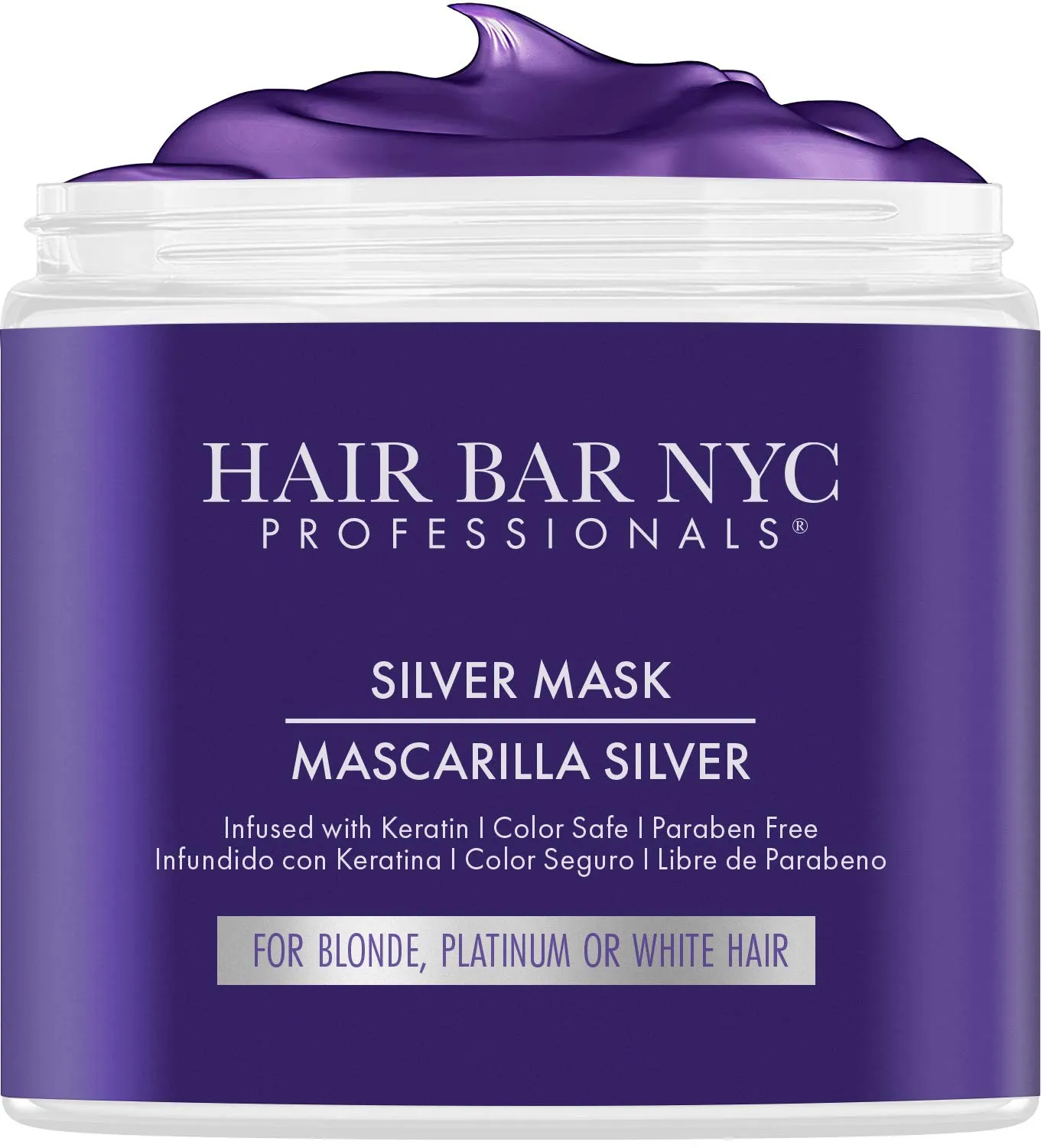 Hair Bar NYC Silver Mask, 16.9oz / 500ml - Triple Power Toning Purple Hair Mask for Blonde, Silver & Platinum Hair - Infused with Keratin & Biotin