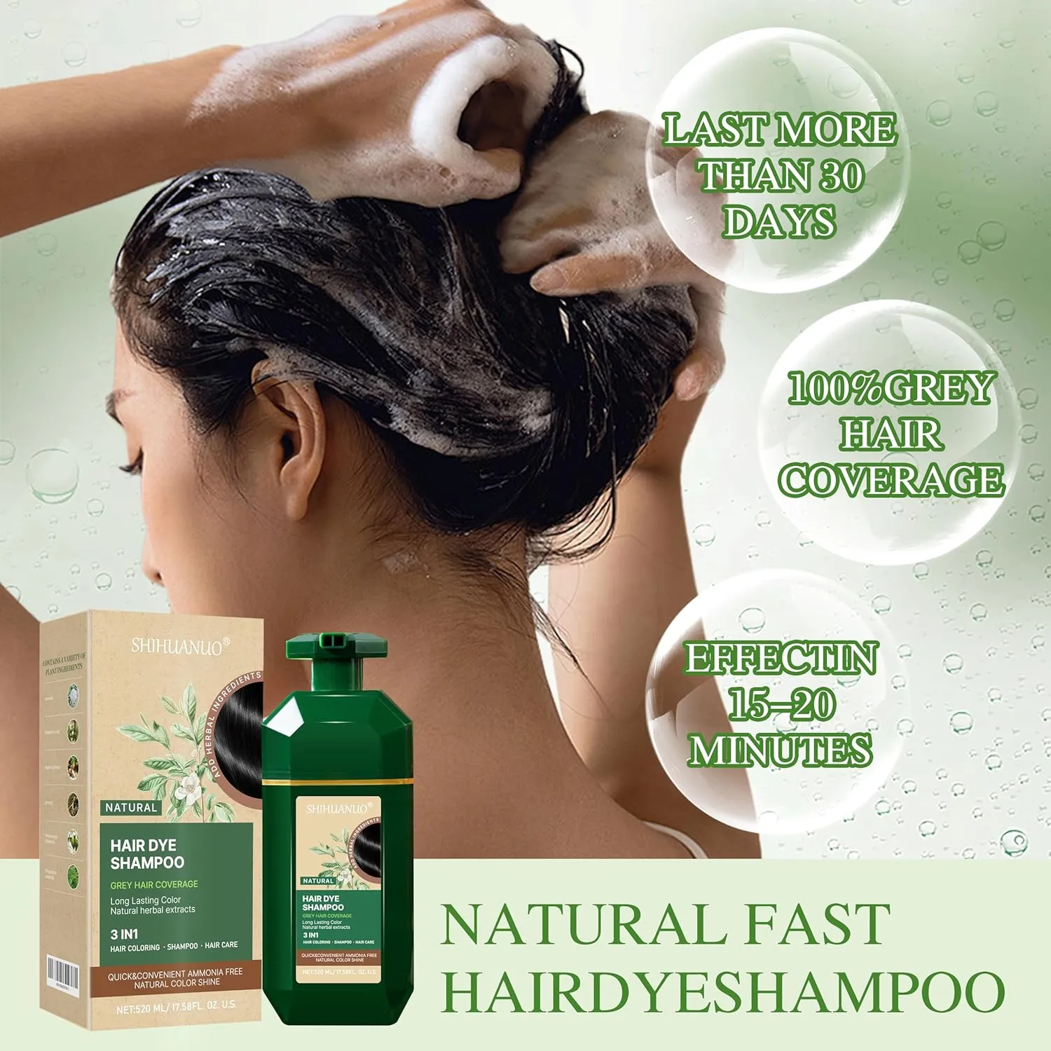 Hair Dye Shampoo 3 in 1 for Gray Hair Coverage, Herbal Ingredients Natural Shampoo Hair Dye for Women & Men/Ammonia-Free 520ml(Brown)