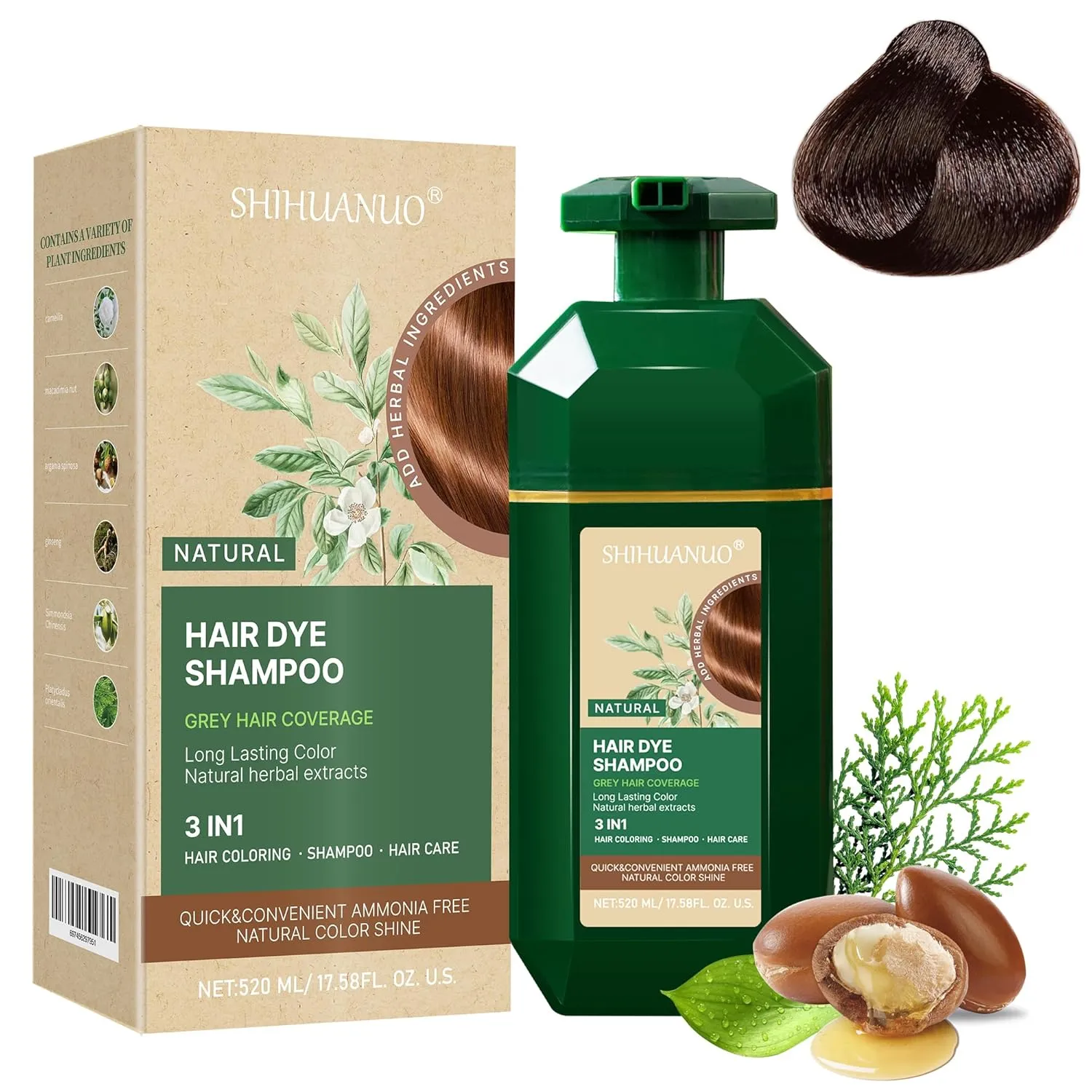 Hair Dye Shampoo 3 in 1 for Gray Hair Coverage, Herbal Ingredients Natural Shampoo Hair Dye for Women & Men/Ammonia-Free 520ml(Brown)