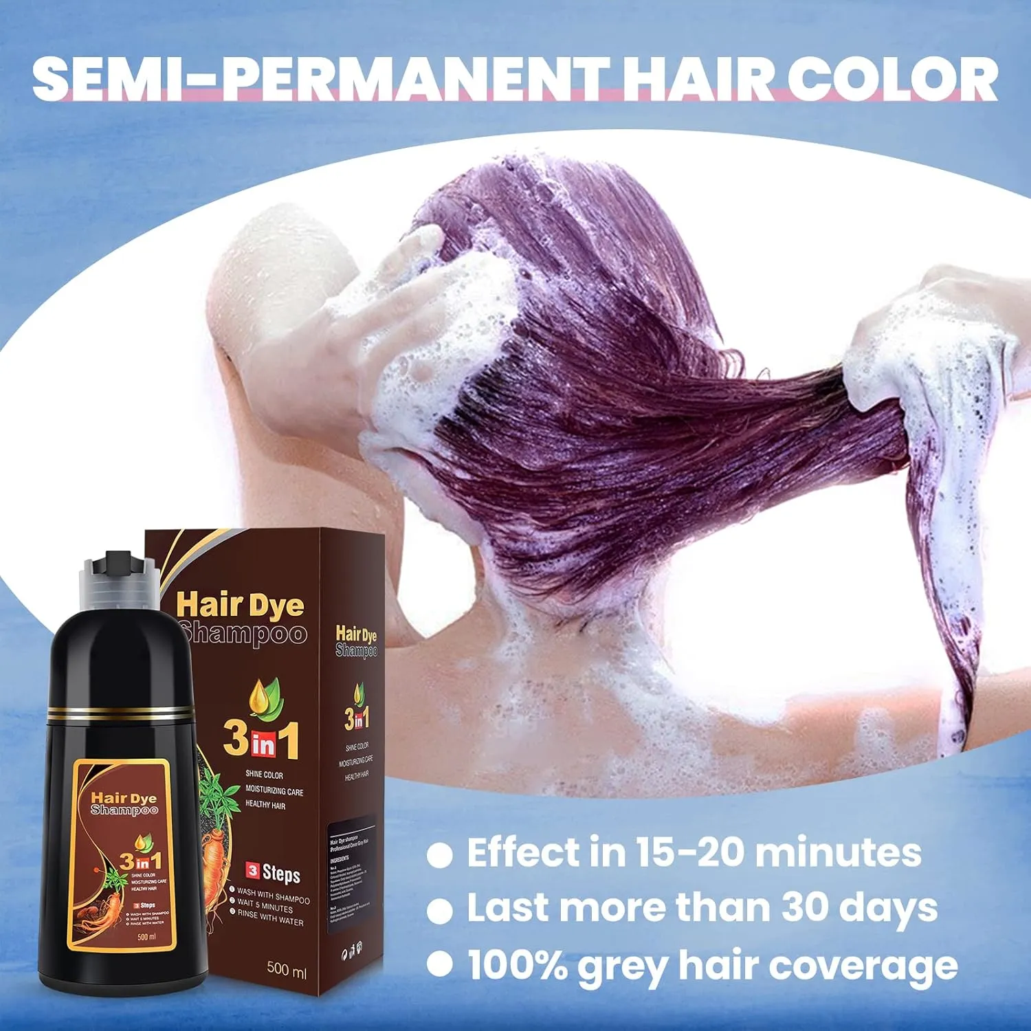 Hair Dye Shampoo 3 in 1 for Gray Hair, Herbal Ingredients Shampoo Dark Burgundy Hair Dye for Women Men, Grey Coverage Shampoo 500ml