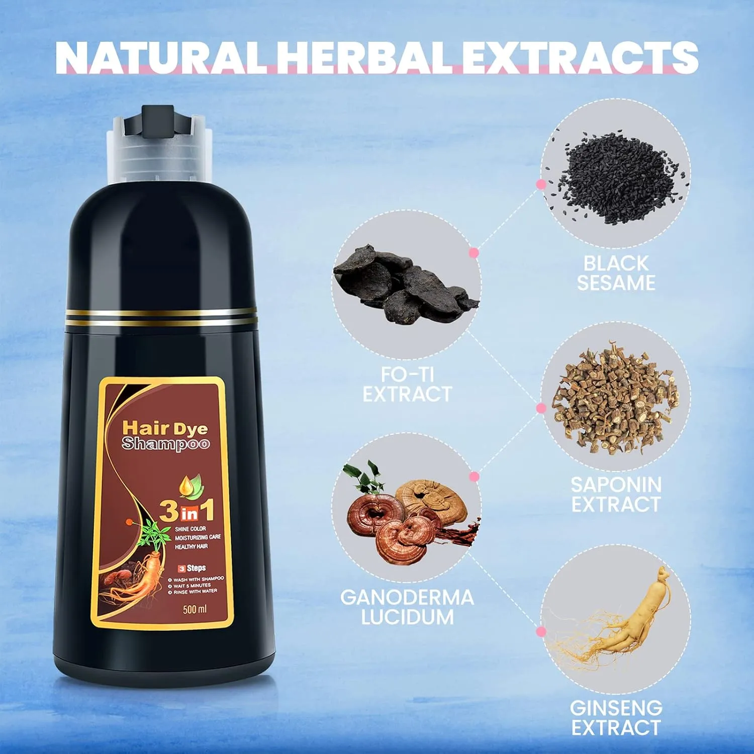 Hair Dye Shampoo 3 in 1 for Gray Hair, Herbal Ingredients Shampoo Dark Burgundy Hair Dye for Women Men, Grey Coverage Shampoo 500ml