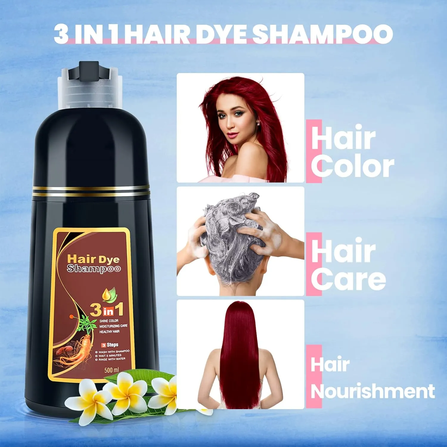 Hair Dye Shampoo 3 in 1 for Gray Hair, Herbal Ingredients Shampoo Dark Burgundy Hair Dye for Women Men, Grey Coverage Shampoo 500ml