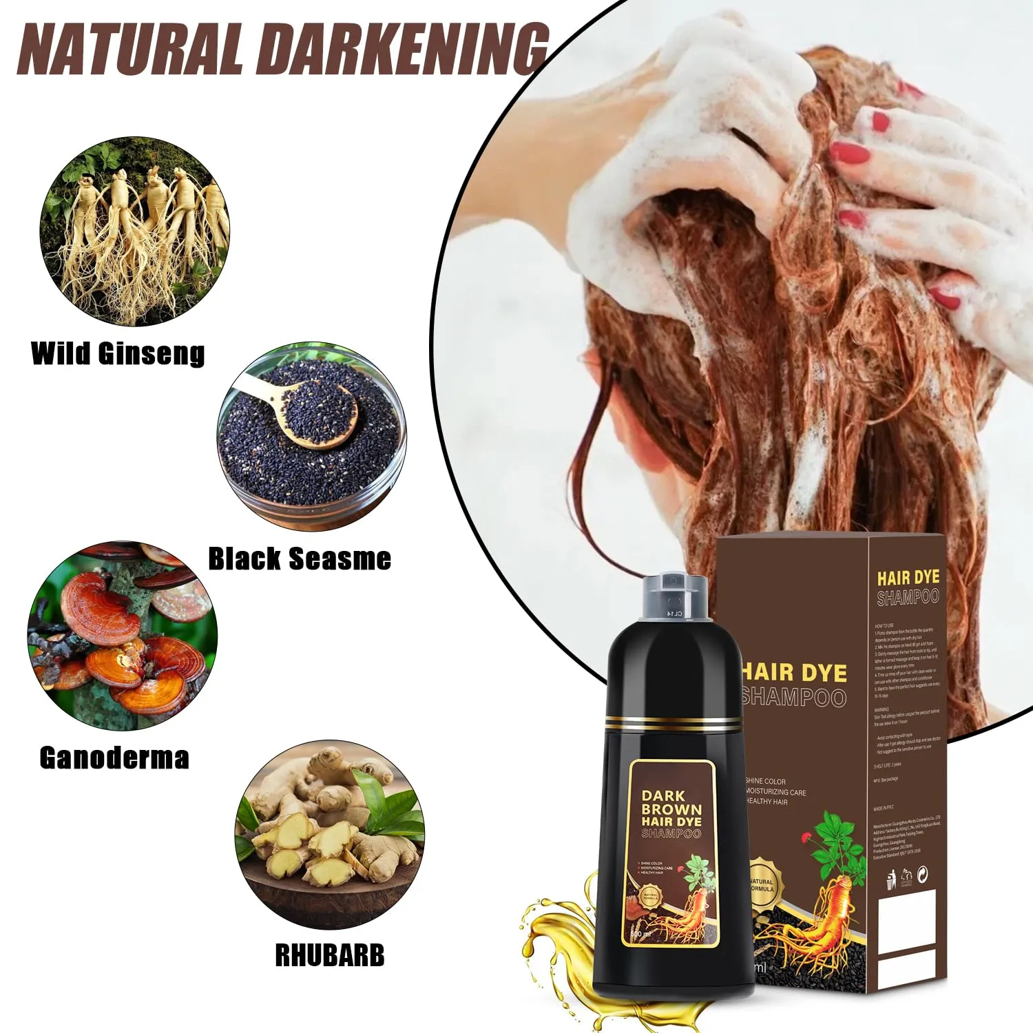Hair Dye Shampoo 3 in 1, Herbal Shampoo Hair Dye for Women Men, Grey Coverage Shampoo 16.9fl oz Dark Brown