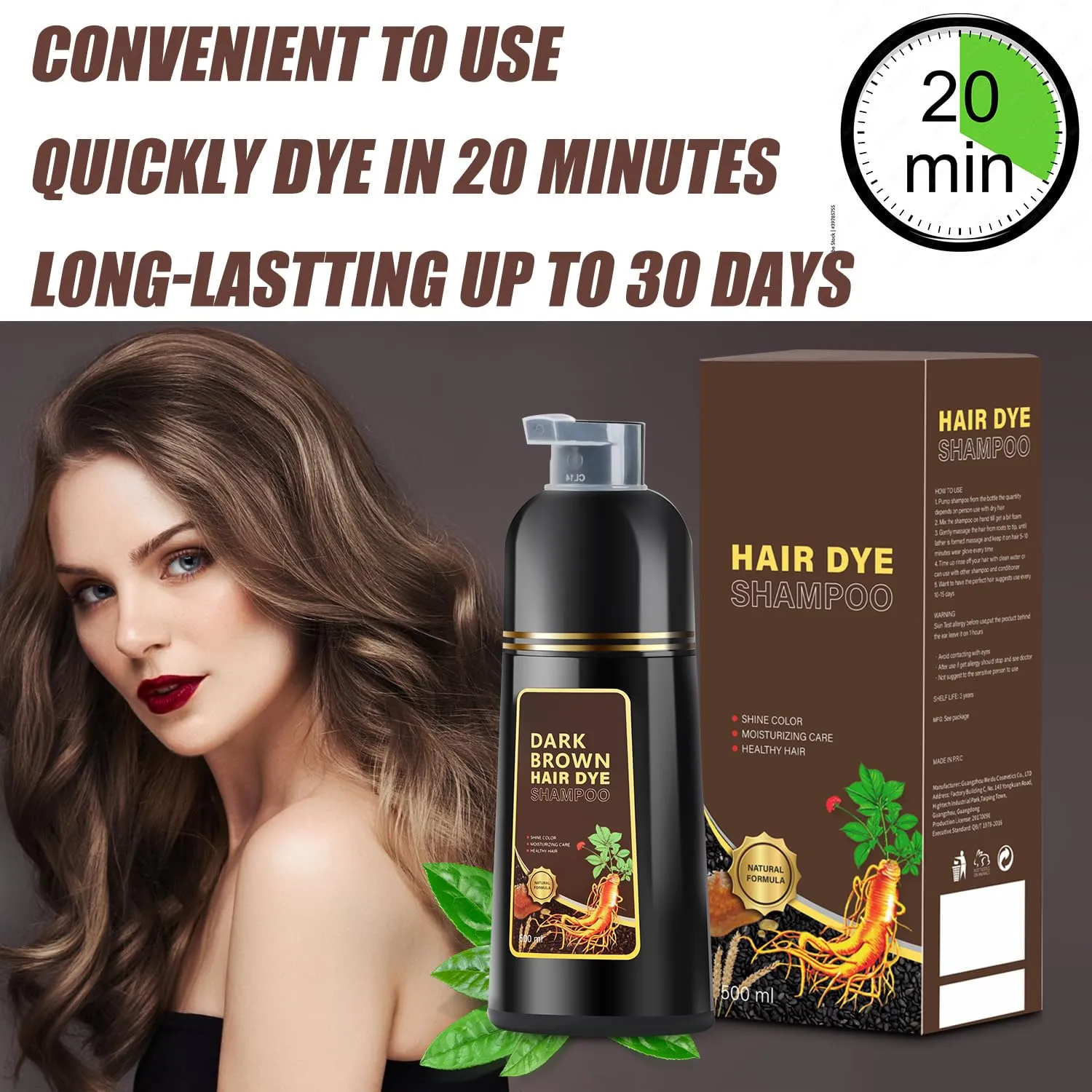 Hair Dye Shampoo 3 in 1, Herbal Shampoo Hair Dye for Women Men, Grey Coverage Shampoo 16.9fl oz Dark Brown