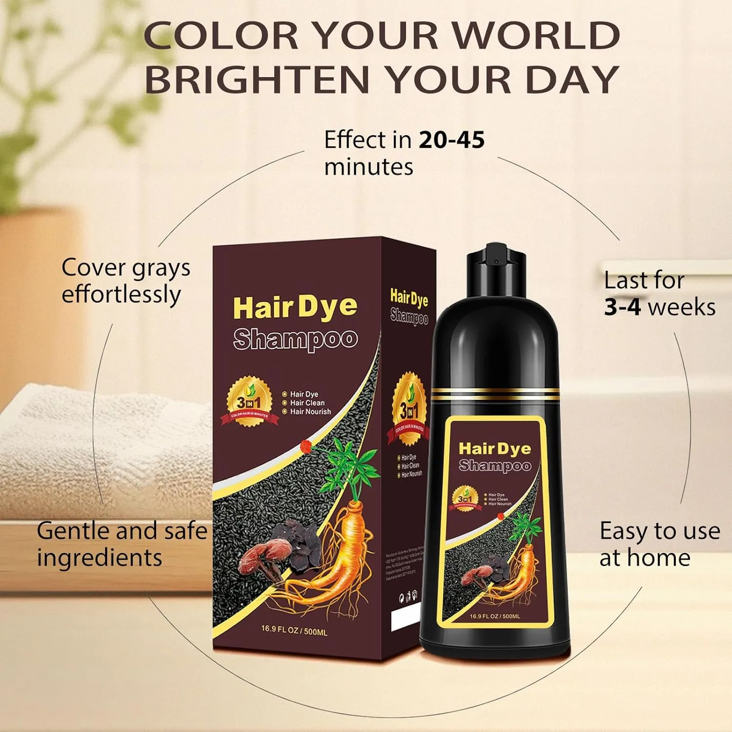 Hair Dye Shampoo 3 in 1, Long-Lasting Hair Color Shampoo with Herbal Ingredients, Instant Magic Hair Dye, Easy Application Shampoo Para Canas for Women Men 16.9 Fl Oz (Chestnut Brown)