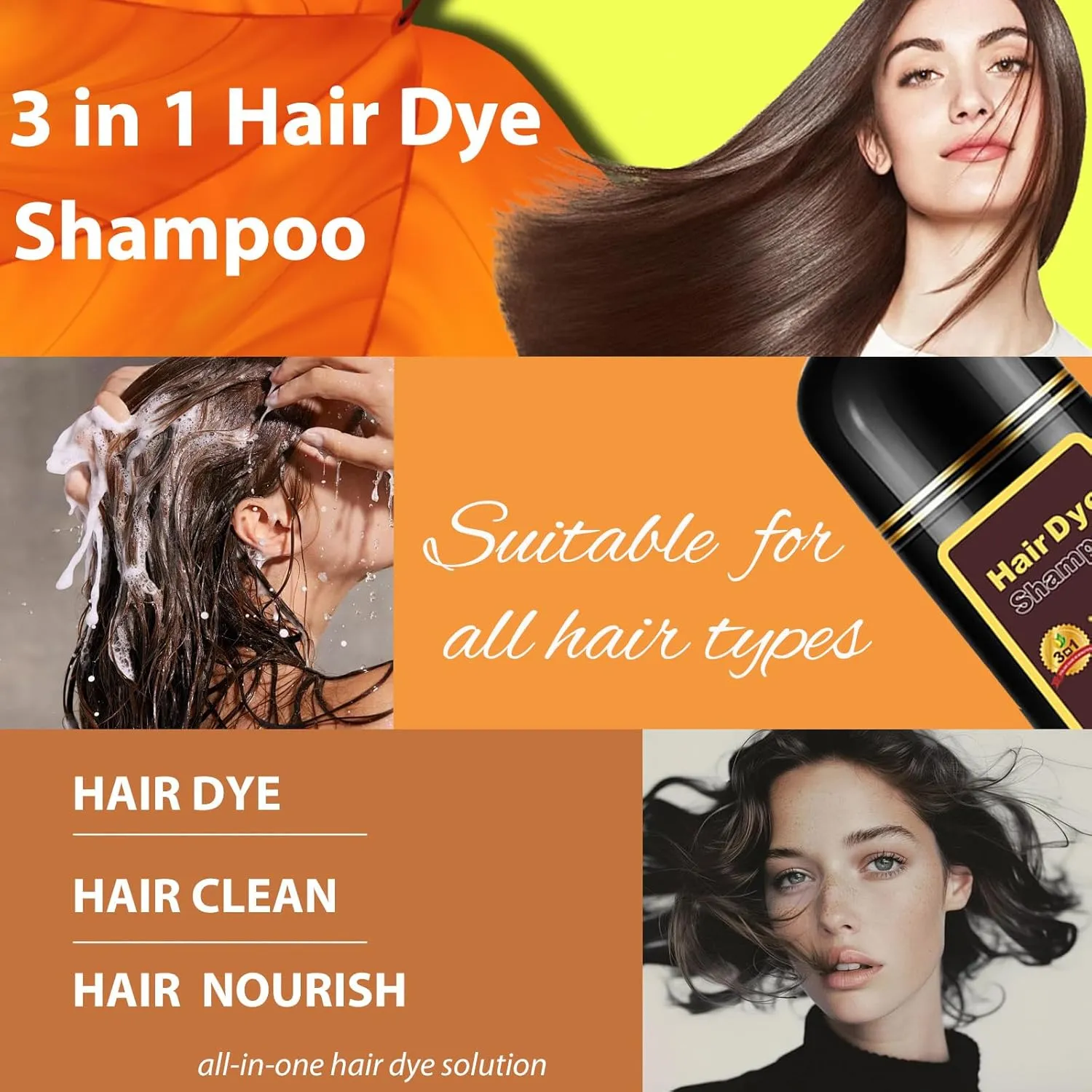 Hair Dye Shampoo 3 in 1, Long-Lasting Hair Color Shampoo with Herbal Ingredients, Instant Magic Hair Dye, Easy Application Shampoo Para Canas for Women Men 16.9 Fl Oz (Chestnut Brown)