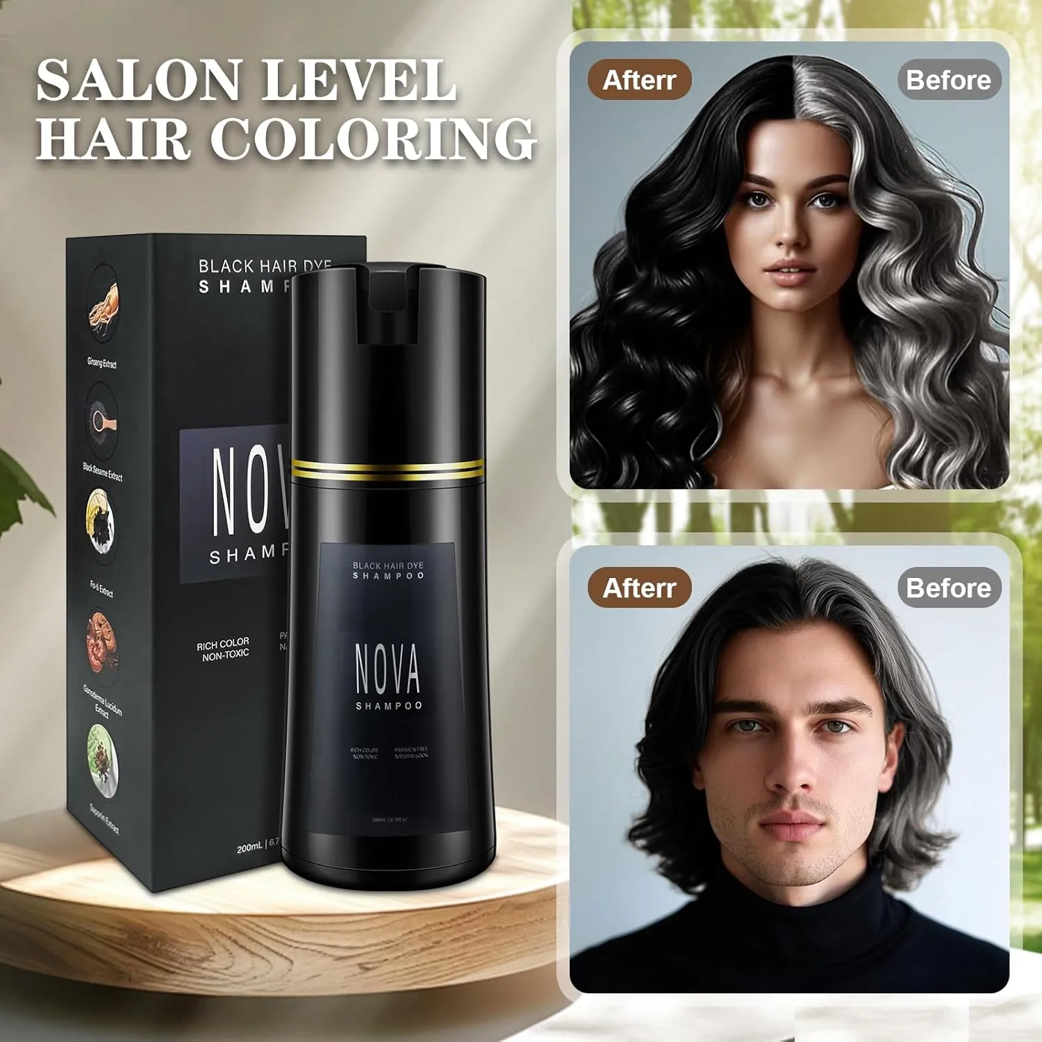 Hair Dye Shampoo & Champu Para Canas - Natural 3-in-1 Instant Gray Coverage for Men & Women (Black)