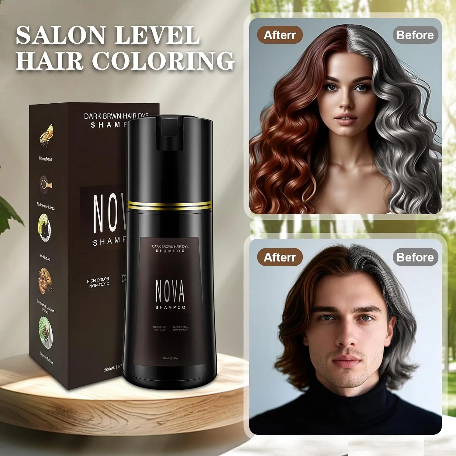 Hair Dye Shampoo & Champu Para Canas - Natural 3-in-1 Instant Gray Coverage for Men & Women (Dark brown-200ml)