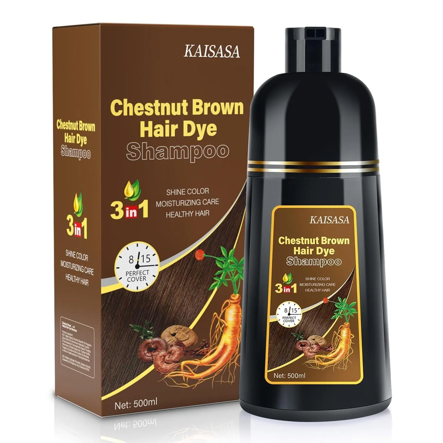 Hair Dye Shampoo for Gray Hair, 3 in 1 Herbal Ingredients Natural Dye for Women Men, Grey Coverage 500ml Chestnut Brown 1