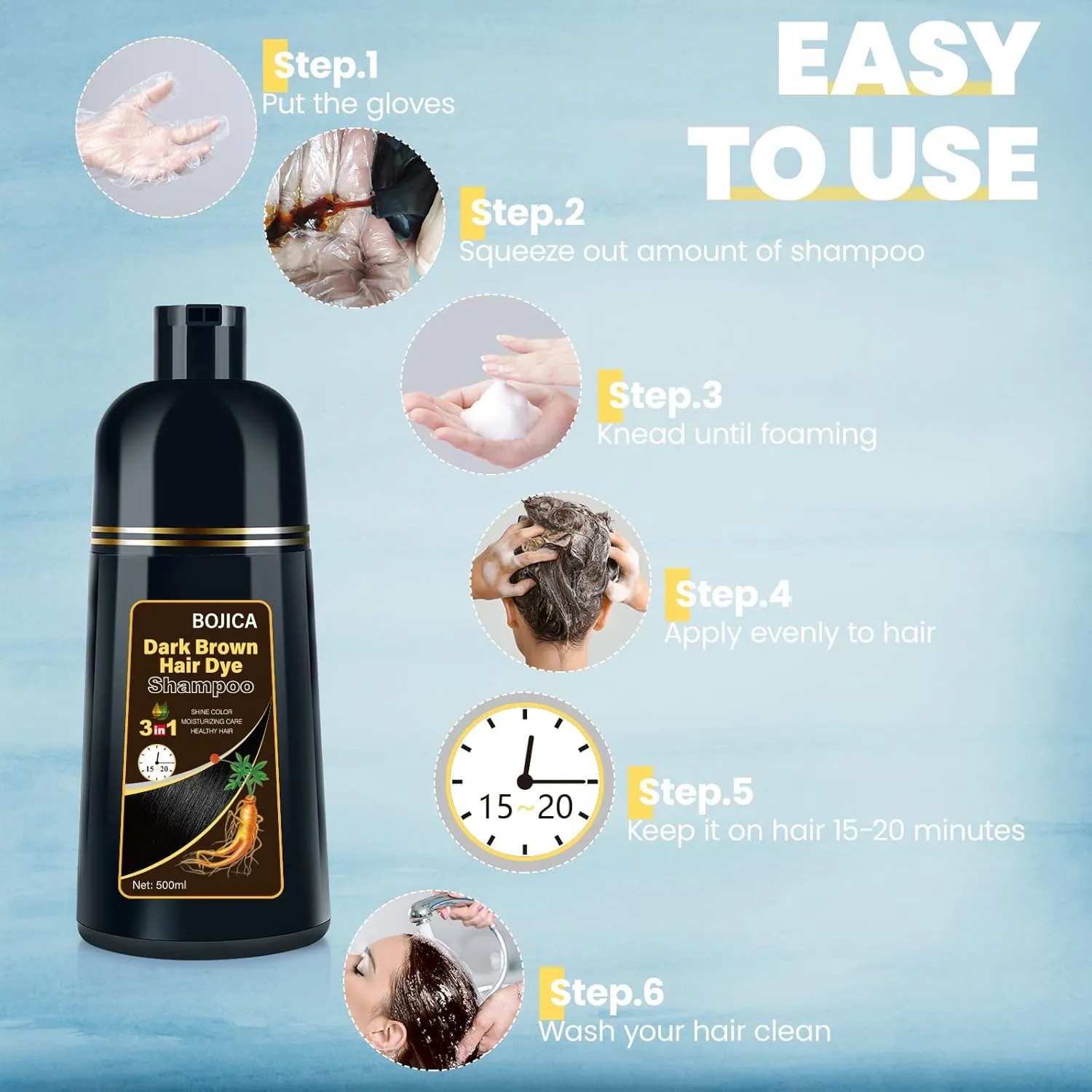 Hair Dye Shampoo for Gray Hair Coverage, 3-in-1 Semi-Permanent Color Shampoo for Women & Men Dark Brown