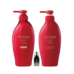 Hair Silky Serum bundle with Tsubaki Moist and Repair Shampoo and Conditioner set 10ml 450ml 450g
