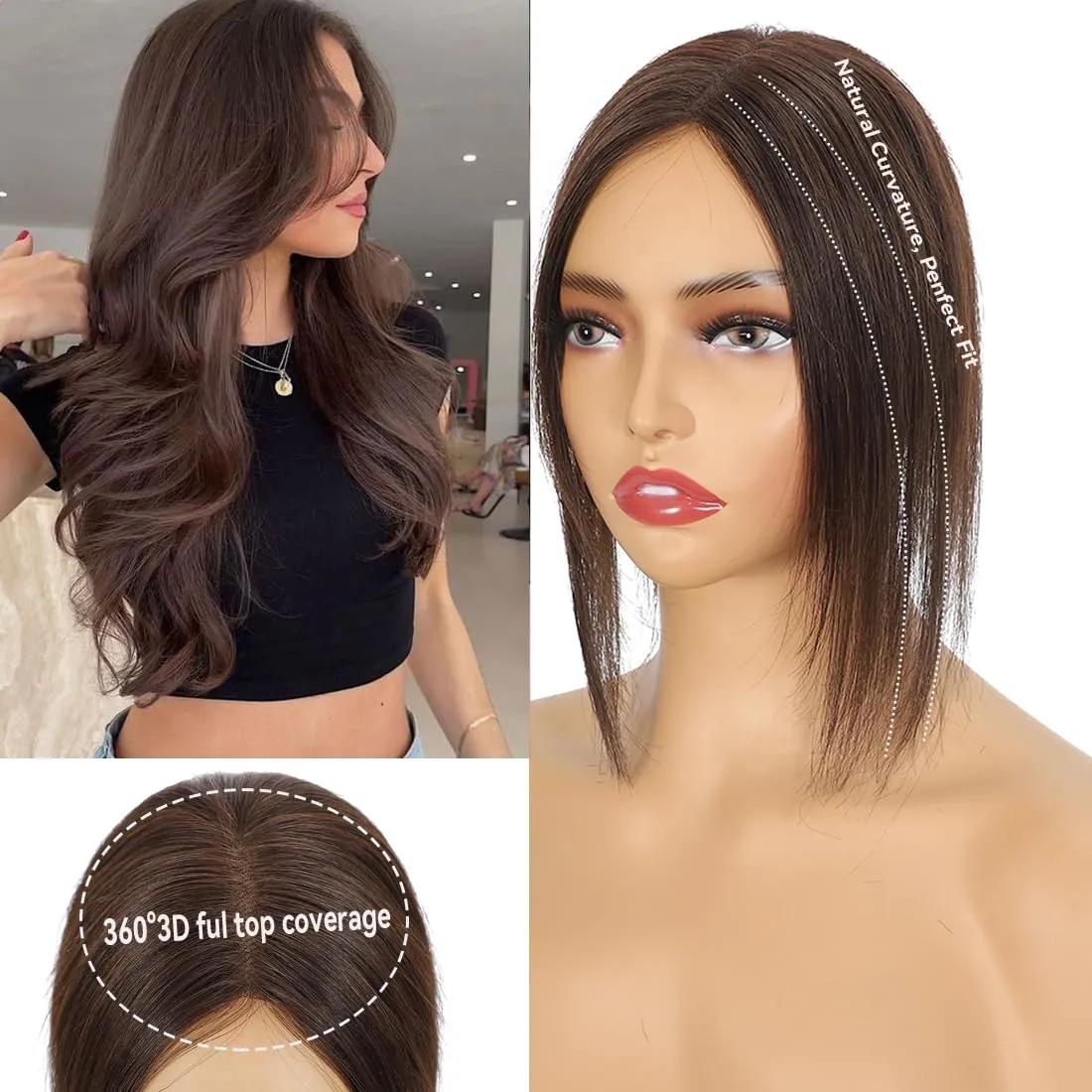 Hair Toppers for Women Real, 360° 3D No Bangs Top Extensions, Covers Sparse Topper for Adds Volume, Thin Hair Daily Use (Dark Brown, 10Inch)