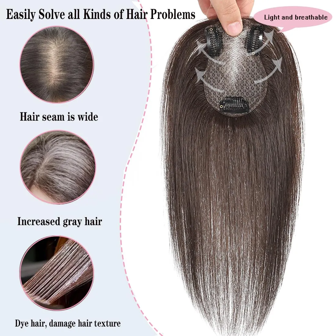 Hair Toppers for Women Real, 360° 3D No Bangs Top Extensions, Covers Sparse Topper for Adds Volume, Thin Hair Daily Use (Dark Brown, 10Inch)