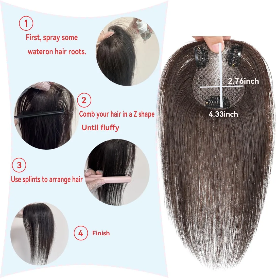 Hair Toppers for Women Real, 360° 3D No Bangs Top Extensions, Covers Sparse Topper for Adds Volume, Thin Hair Daily Use (Dark Brown, 10Inch)