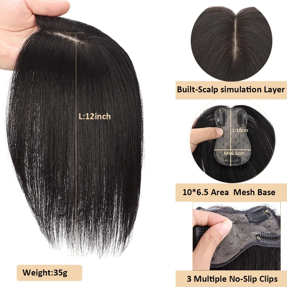 Hair Toppers for Women Real Human Hair,360°3D Clips in No Bangs Human Hair Topper 7 * 11 Realistic Bionic Scalp Toppers for Women With Thinning Hair (12inch #Medium Brown)