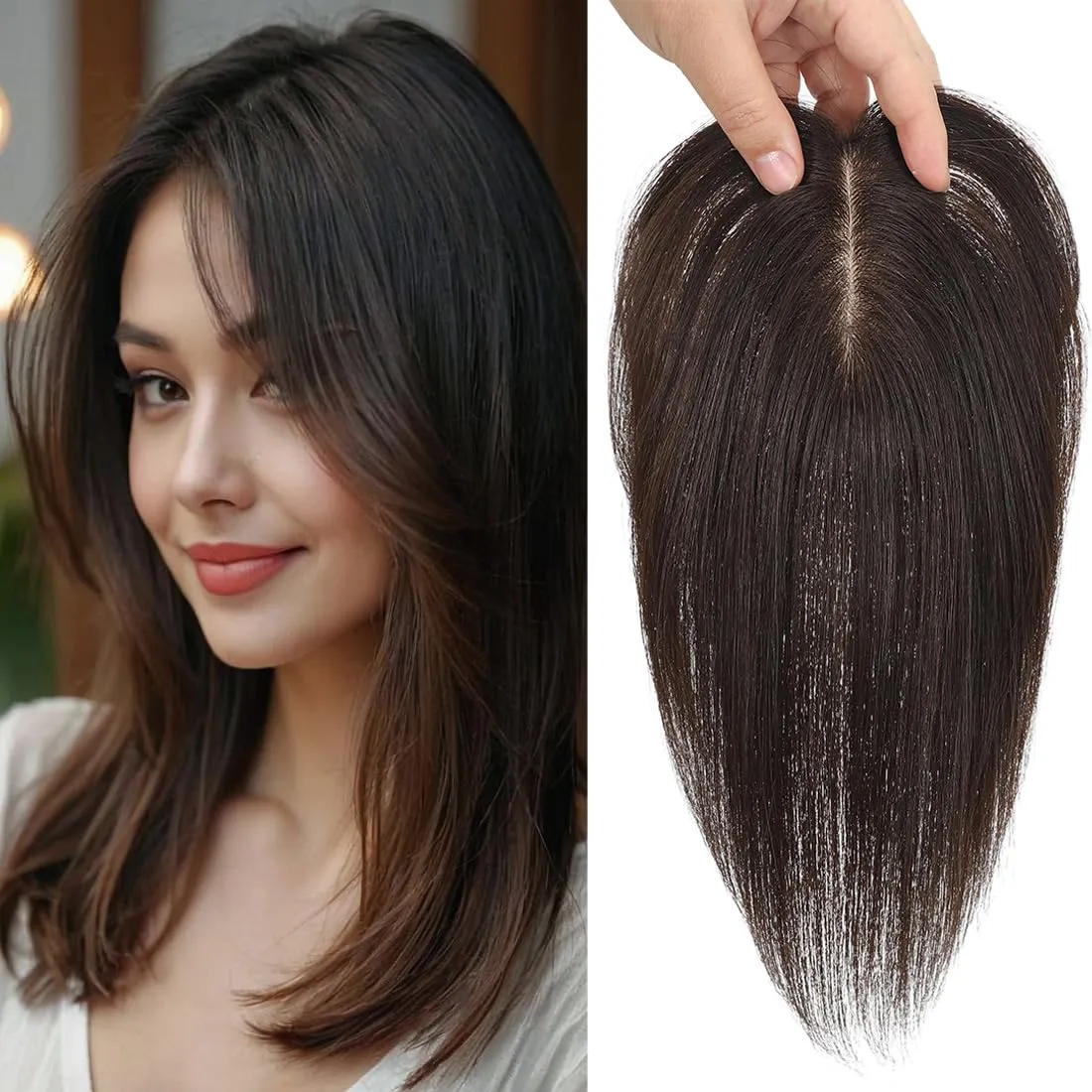 Hair Toppers for Women Real Human Hair,360°3D Clips in No Bangs Human Hair Topper 7 * 11 Realistic Bionic Scalp Toppers for Women With Thinning Hair (12inch #Medium Brown)