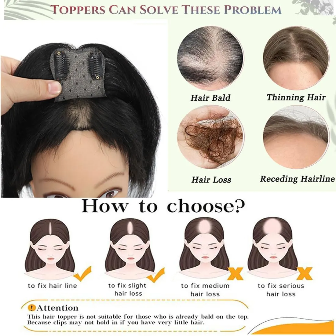 Hair Toppers for Women Real Human Hair,360°3D Clips in No Bangs Human Hair Topper,7 * 11 Realistic Bionic Scalp Hair Toppers for Women With Thinning Hair (12inch #Black Brown